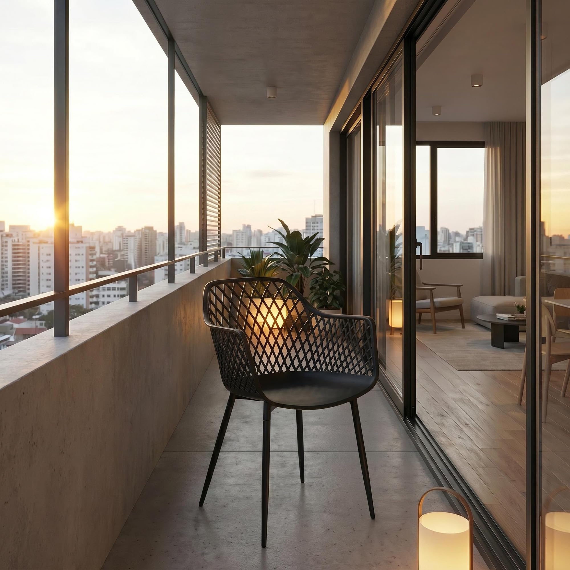 Juego de 6 sillas de Comedor con Respaldo geométrico Moderno de plástico para Patio con Patas de Metal, Silla de jardín al Aire Libre, Silla de Comedor con Brazos para balcón, Color Negro
