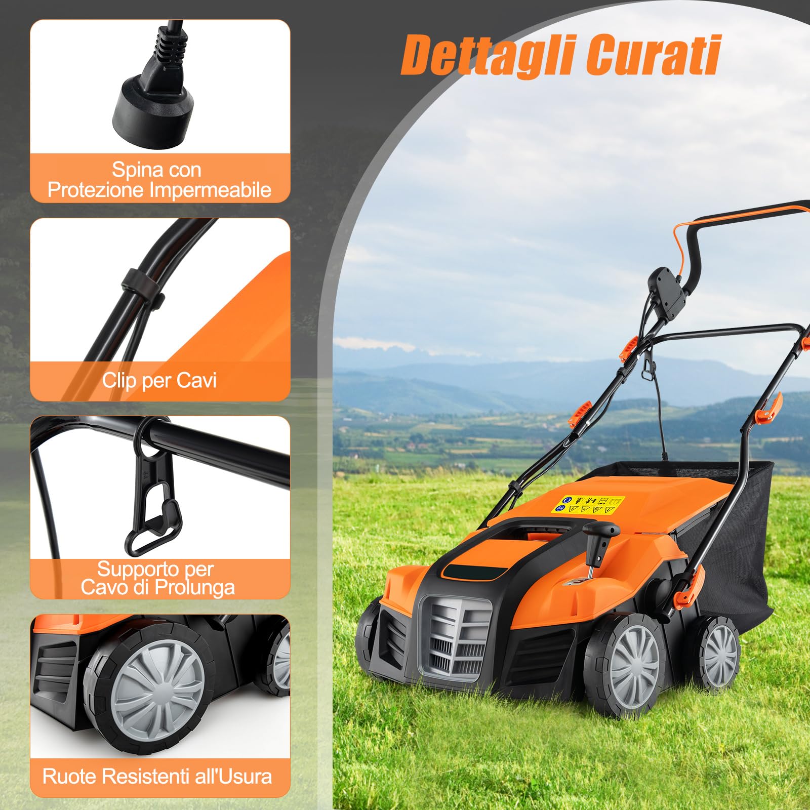 COSTWAY 2 in 1 Scarificatore Elettrico, 40 cm, 2000W, 3500rpm, Erbicida Pieghevole con Sacca di Raccolta da 55L, Regolazione Profondità 5 Livelli, Adatto Prato 800 ㎡ (Arancione)
