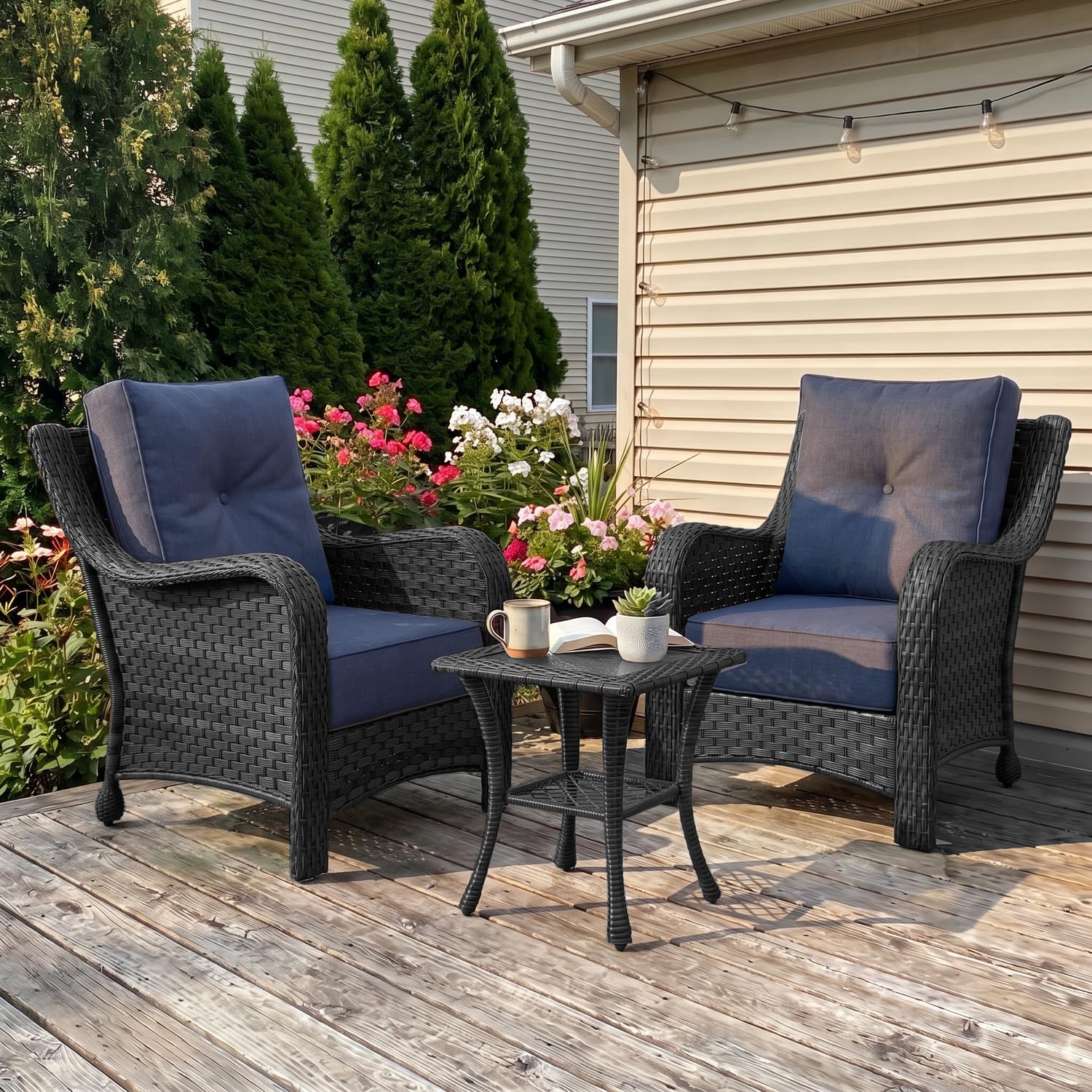 LayinSun 3 Piece Wicker Outdoor Furniture Set with 6-inch Comfy Cushions