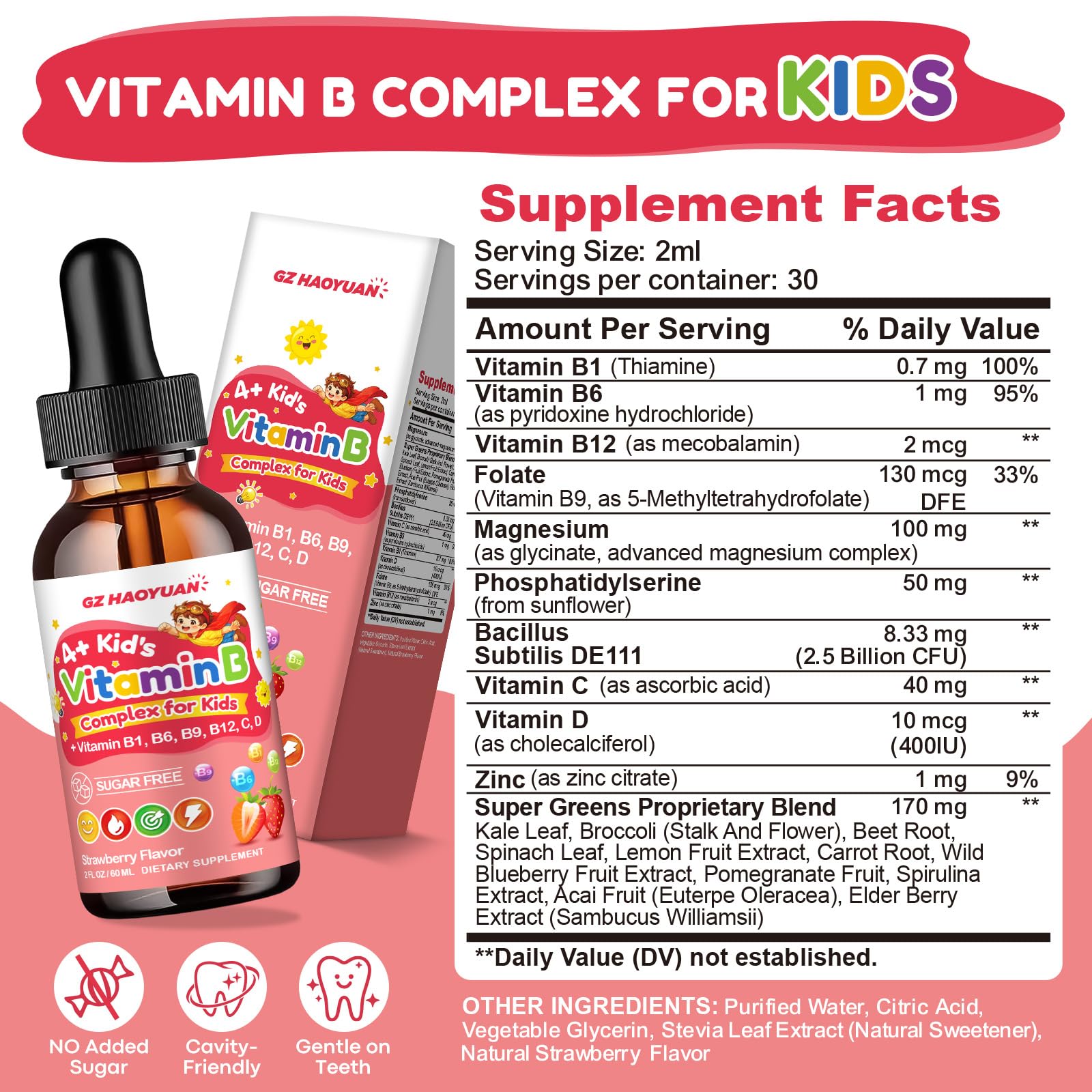 Vitamin B Complex for Kids with B1, B6, B9, B12 & Magnesium, Super Greens, Kids B Complex Supplement for Brain Support, Energy & Focus, Digestive Gut & Immune Support, Strawberry Flavor, 2 fl oz — Amazon image 2