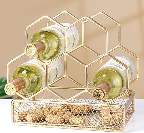 Miniatura 3 de Estante de vino para encimera, 5 botellas, de metal de color oro rosa, soporte para vino de mesa para gabinete, despensa, almacenamiento de botellas