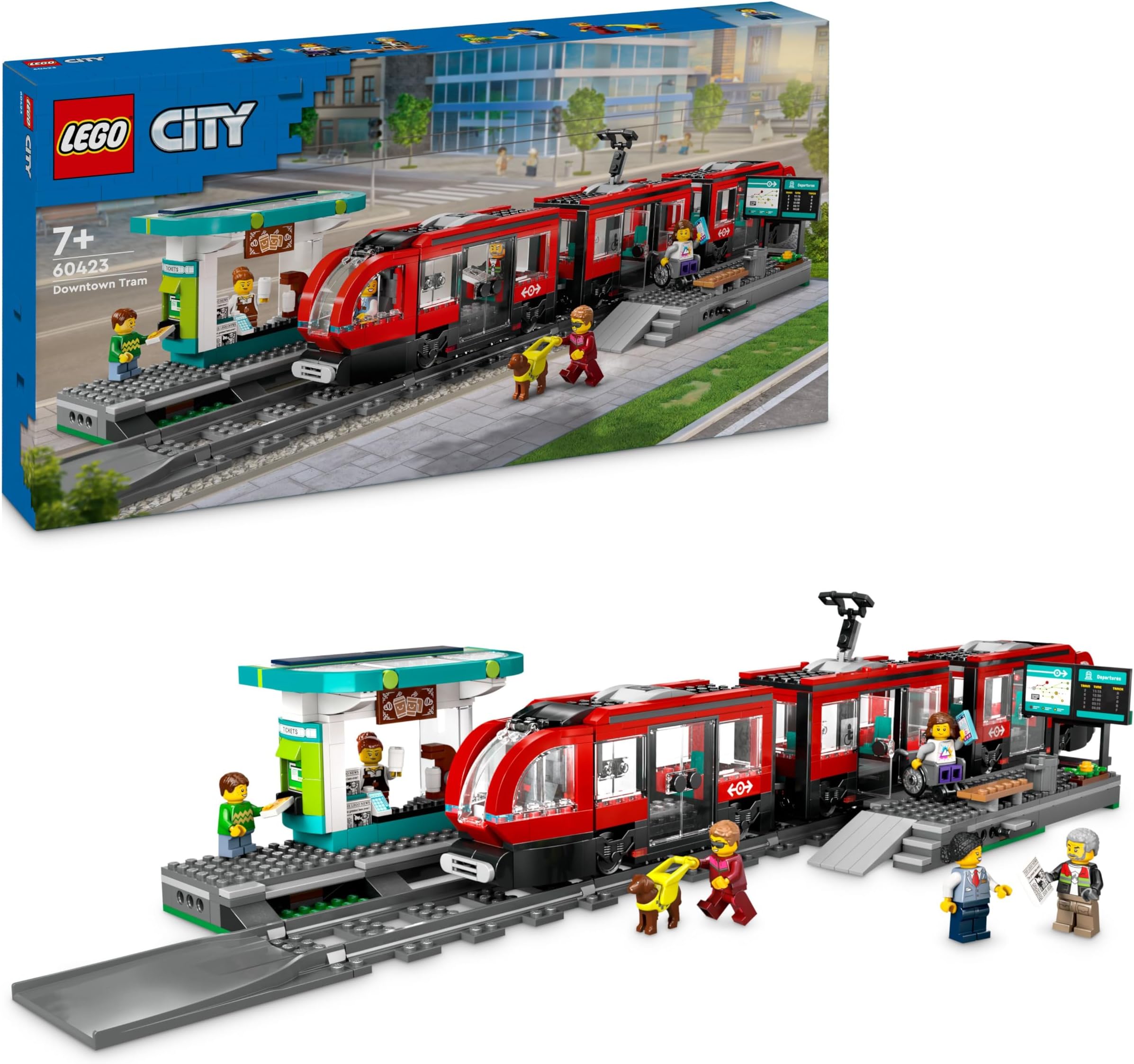 City Downtown Tram and Station Vehicle Building Toy Set for 7 Plus Year Old Kids, Boys & Girls, with 6 Minifigures and a Guide Dog Figure for Role Play, Birthday Gift Idea, 60423