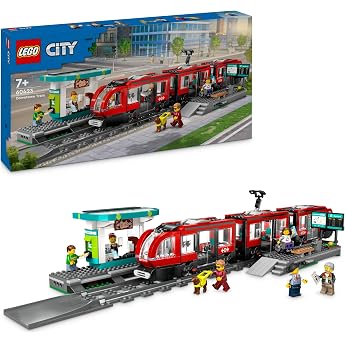 LEGO City tram with stop, gift idea for fans of vehicle toys from 7 years, with 6 mini figures and a guide dog for role play,