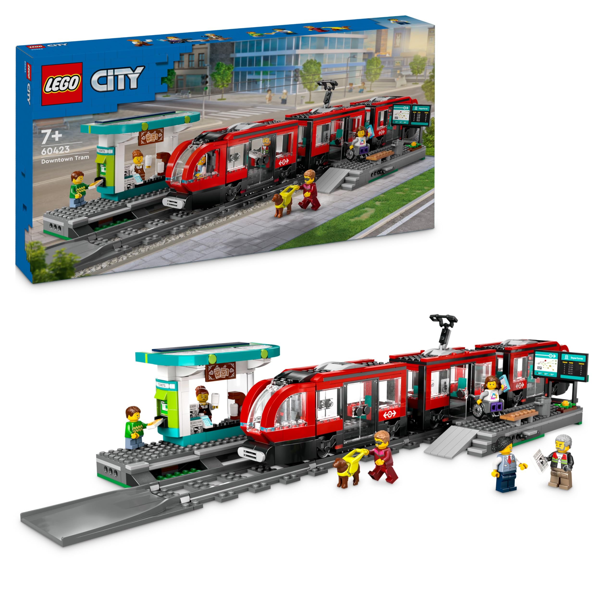 City Downtown Tram and Station Vehicle Building Toy Set for 7 Plus Year Old Kids, Boys & Girls, with 6 Minifigures and a Guide Dog Figure for Role Play, Birthday Gift Idea, 60423