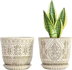 Gepege Vaso de cerâmica de 15 cm, vaso de plantas branco com orifícios de drenagem e pires para plantas de interior, aniversário para mulheres e mães