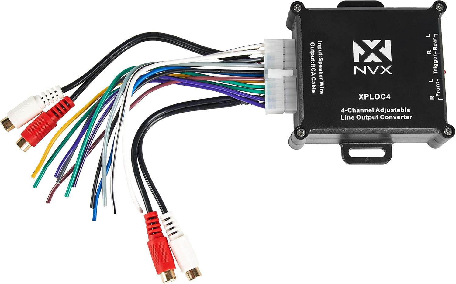 Close-up of NVX XPLOC4 showing input speaker wire harness and RCA outputs