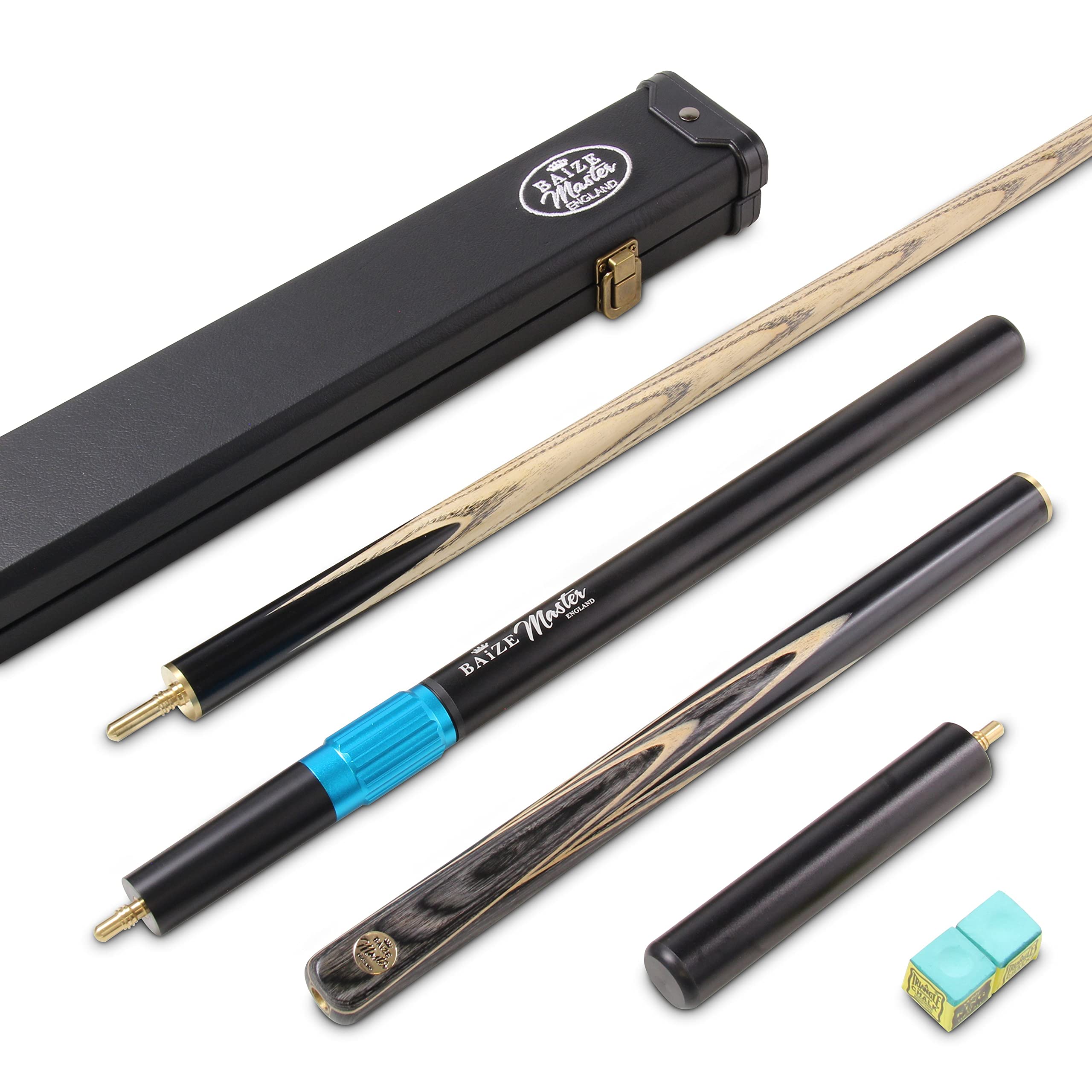 BAIZE MASTER Gold Series EMPEROR SNOOKER CUE SET with 58 Inch Hand Spliced 3/4 Joint Cue 9.5mm Tip, Deluxe Black White Interior Hard Case, Long Telescopic Extension and 2 x Chalk (Classic Maple)