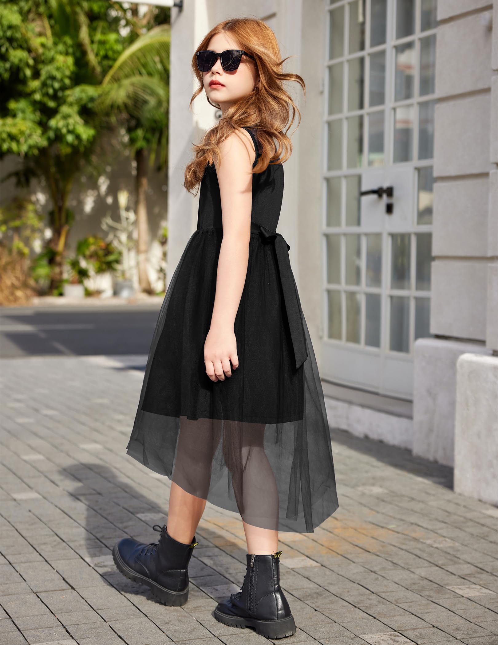 Arshiner Vestidos de niña sin mangas para fiesta de verano festiva, boda, comunión, dama de honor, vestido de tul con dobladillo asimétrico y cinturón, 6-15 años