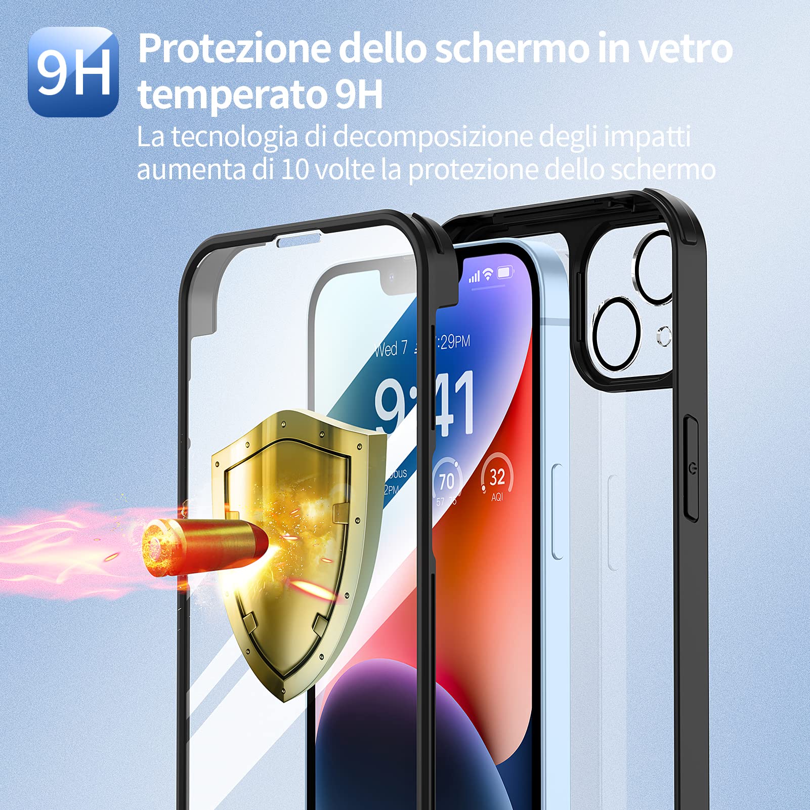 seacosmo Cover per iPhone 14, [9H HD] Integrata Vetro Temperato Schermo e Pellicola Fotocamera 360 Gradi Antiurto Custodia, Rugged Protezione Slim Case per iPhone 14, Nero