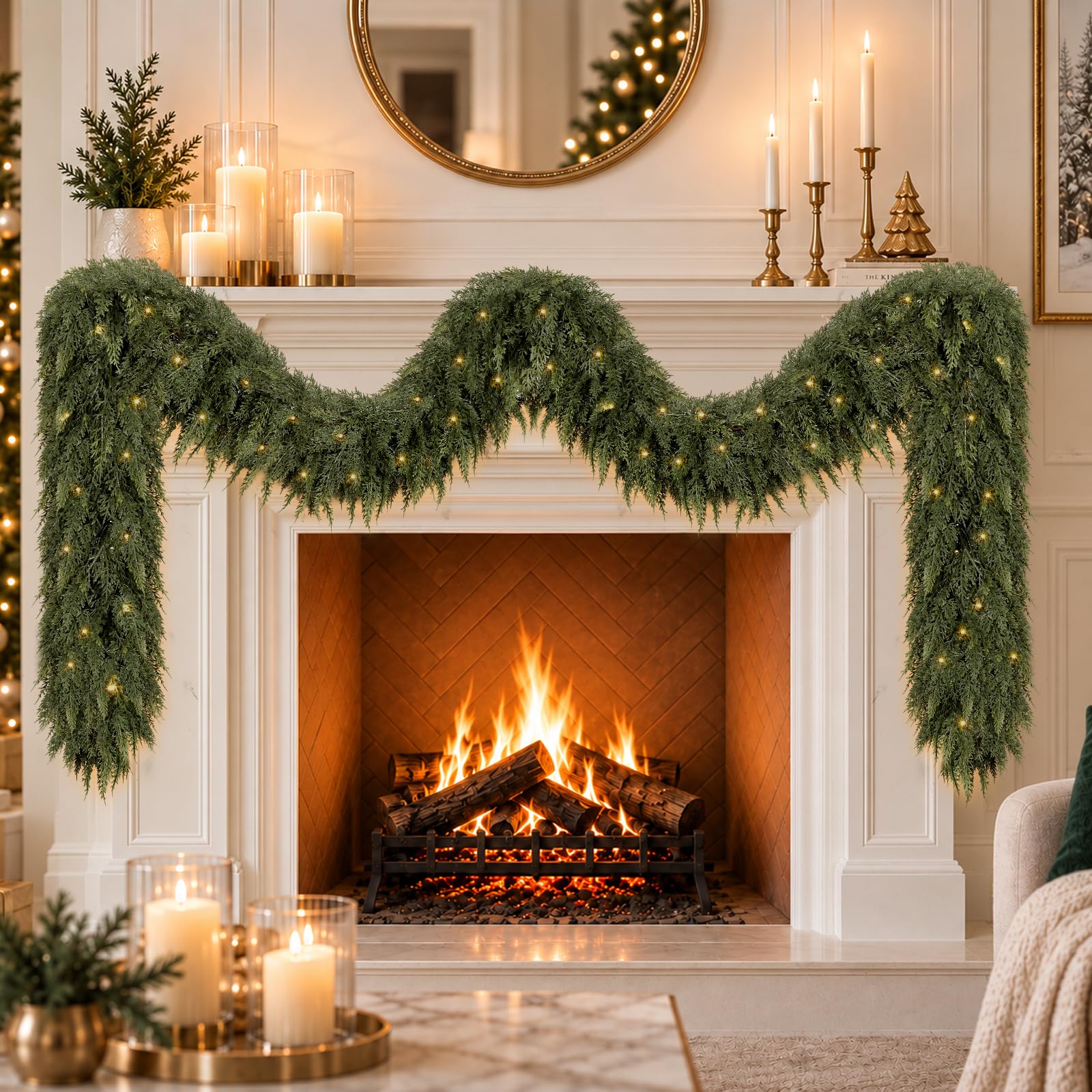 Citilya 2.7m Christmas Cedar Garland with Timer Lights, 150 Branches Full & Realistic Greenery Artificial Green Christmas Garland for Mantle Fireplace Stair Railing Indoor Outdoor Holiday Decor