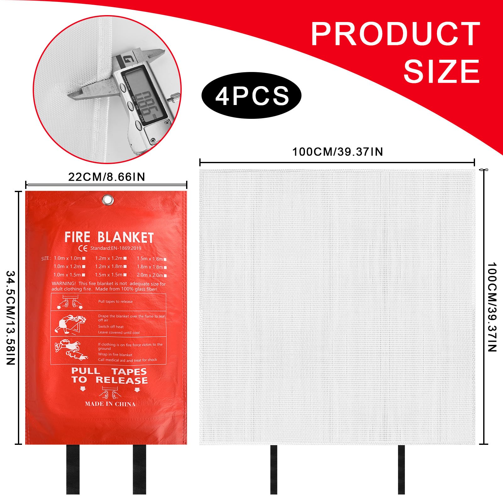 4 Pièces Couverture d'urgence Ignifugée, Couvertures Anti-Feu Ignifuge pour Maison Cuisine, 100x100CM Couverture D'Incendie de Secours de Fibre de Verre pour Bureau Camping Fourneau Garage