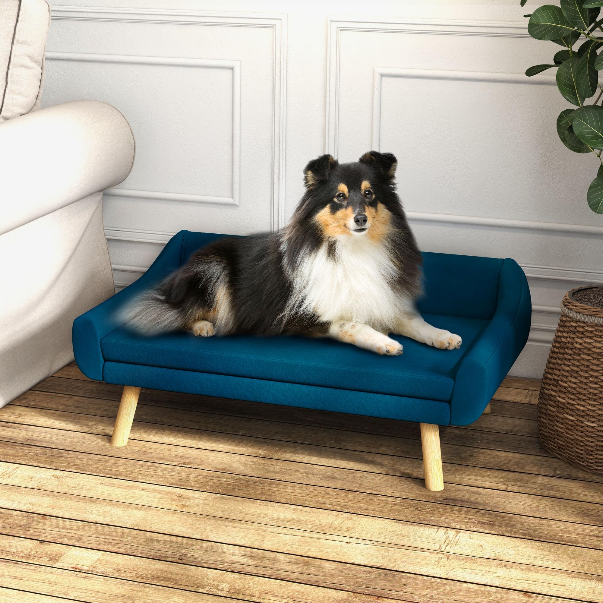 PawHut - Sillon Cama para Perro, Gato, Diseño Escandinavo, Cojín Mullido, Extraíble, Tejido de Terciopelo, Patas de Madera Maciza, 102 x 58,5 x 42,5 cm, Color Azul