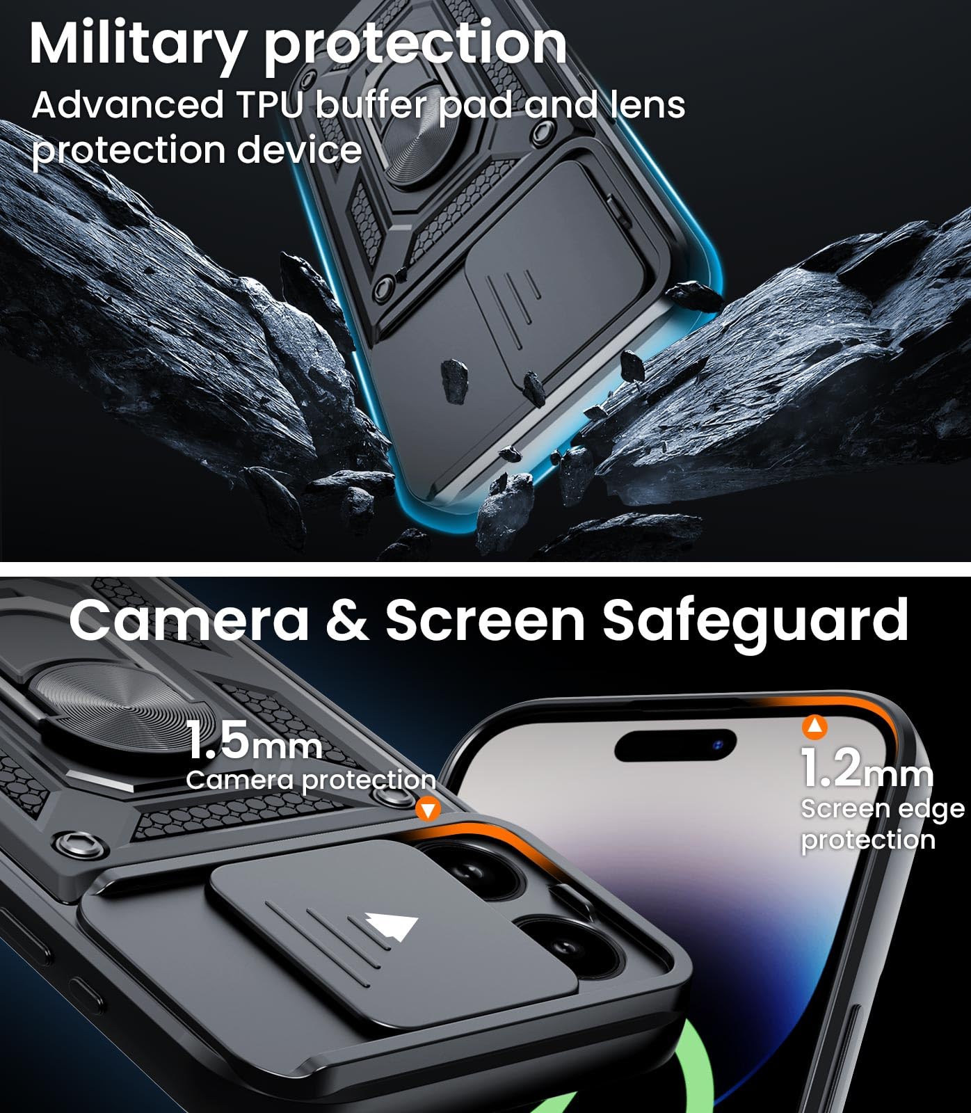 ÁRBOLORO Custodie per iPhone 15 Pro, [Protezione Fotocamera] Militare 360° Metallo Anello Supporto Custodie Silicone Antiurto Anti-Graffio Cover per iPhone 15 Pro - Blu