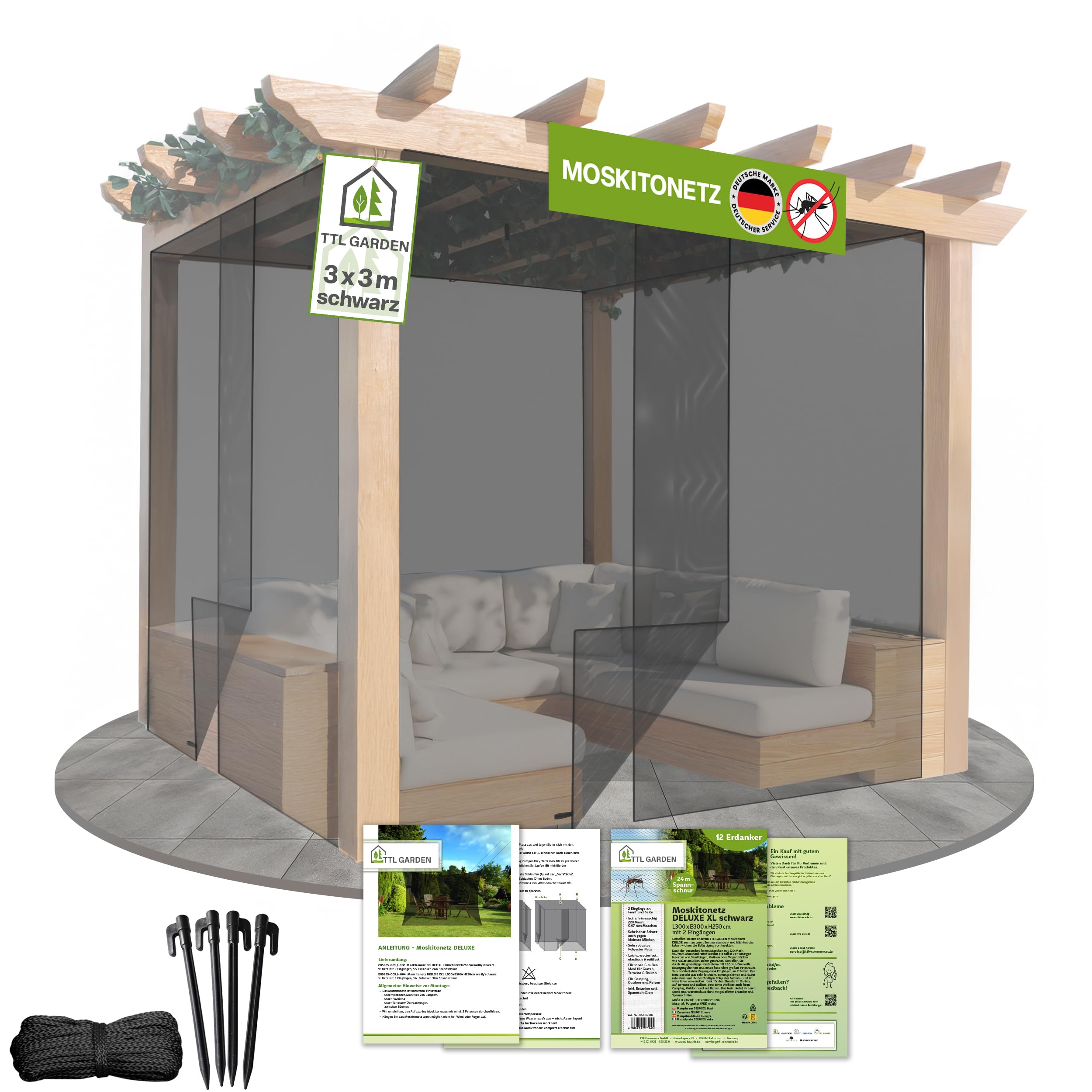 TTL GARDEN 300x300x250cm Moskitonetz Deluxe XL schwarz 0,07mm Maschenweite | - feinmaschig - Insektenschutzgitter 2 Eingänge - reißfest UV-stabil atmungsaktiv