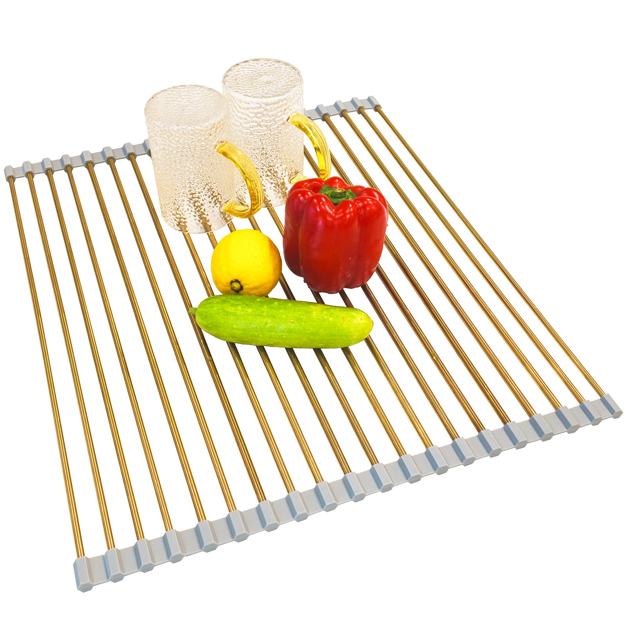 Gold Roll Up Dish Drying Rack Over Sink, Foldable Stainless Steel Drainer Non-Slip Sink Drying Rack Sink Accessories for Kitchen Countertop (17.8×15.7in)