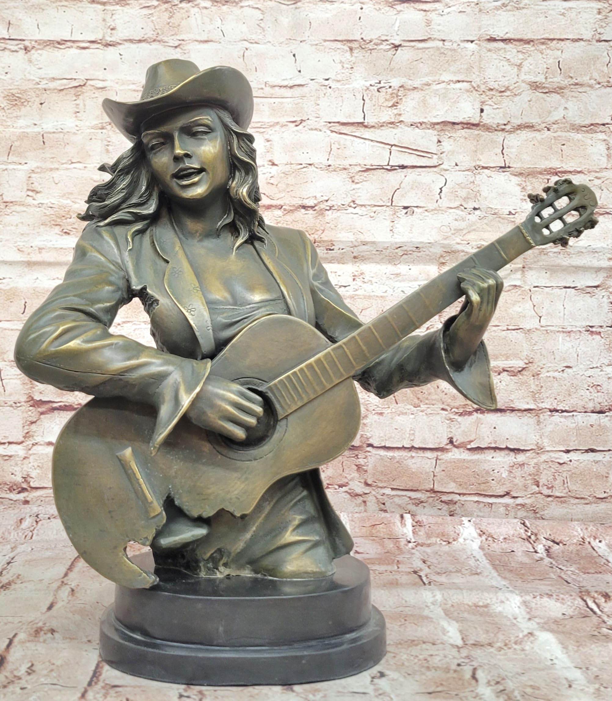 Signed Williams Bronze Sculpture â€“ Cowgirl Musician Bust with Guitar on Marble Base Handmade Figurine Artwork Sale by Finery Bronze