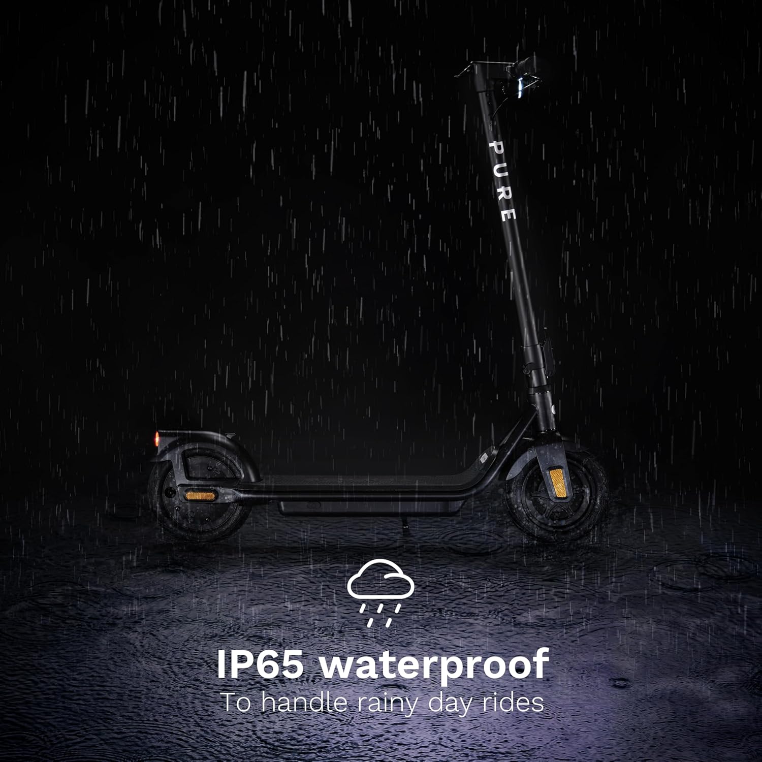 Pure Air Electric Scooter in rain, showing IP65 waterproof rating