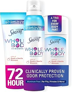 Secret Whole Body Deodorant For Women Stick, Spray & Cream Regimen Pack, Peach & Vanilla Scent, Aluminum Free Deodorant, 72 HR Odor Protection, 2.4 oz. 3 oz, 3.5 oz