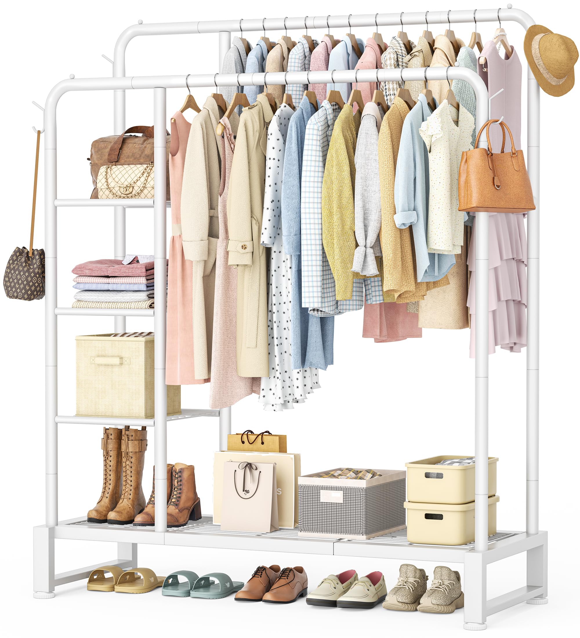 HOMIDEC Double Rail Garment Rack in a bedroom setting, fully loaded with clothes, shoes, and accessories.