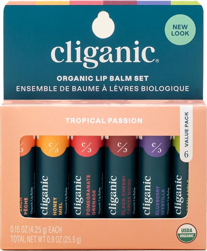 Cliganic Conjunto com 6 bálsamos labiais, sabores variados