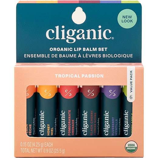 Cliganic Conjunto de bálsamos labiais orgânicos, Tropical, 3 peças - Hidratante para lábios secos - Bálsamo labial para homem e mulher - 6 aromas