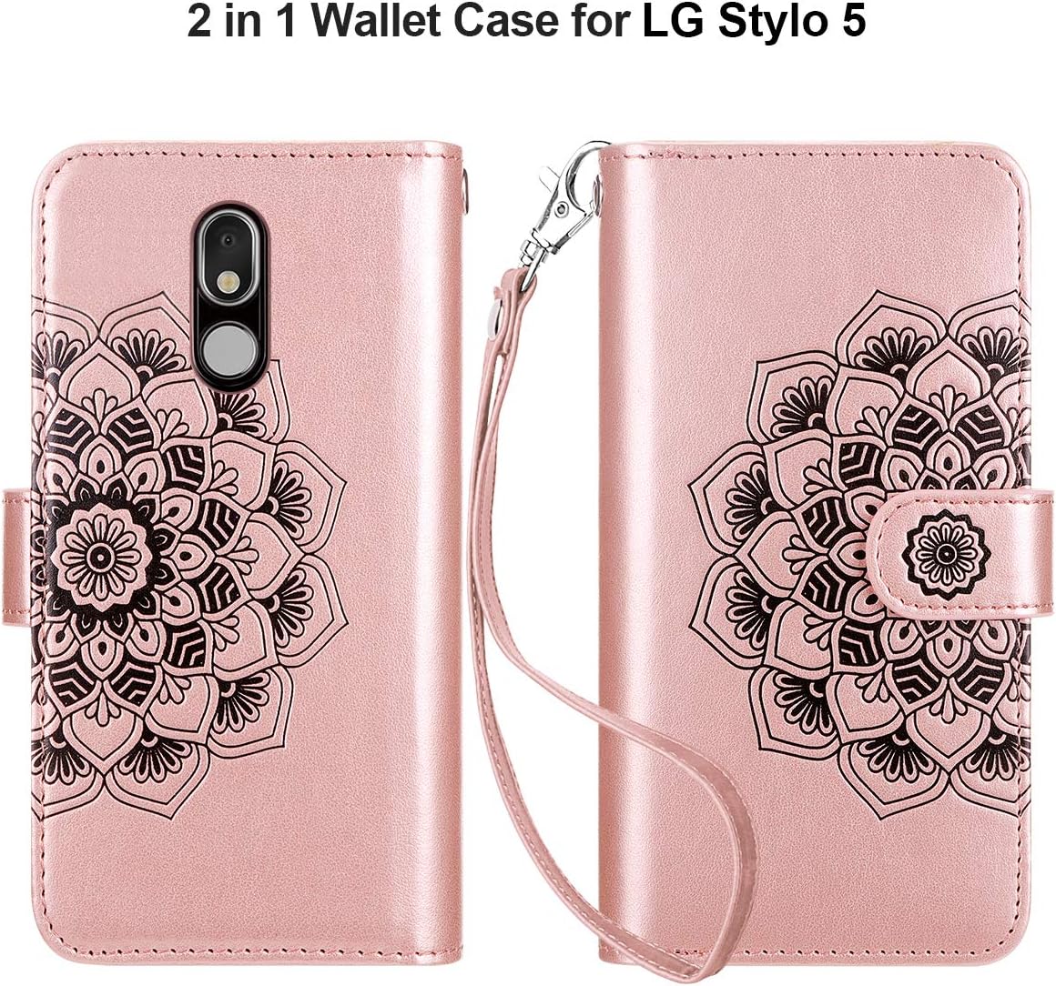 Vofolen 2-in-1 Case for LG Stylo 5 Case Wallet Card Holder Slot Detachable Strap Protective Slim Hard Shell Magnetic PU Leather Folio Pocket Flip Cover for LG Stylo 5 5V 5+ Plus Mandala Rose Gold