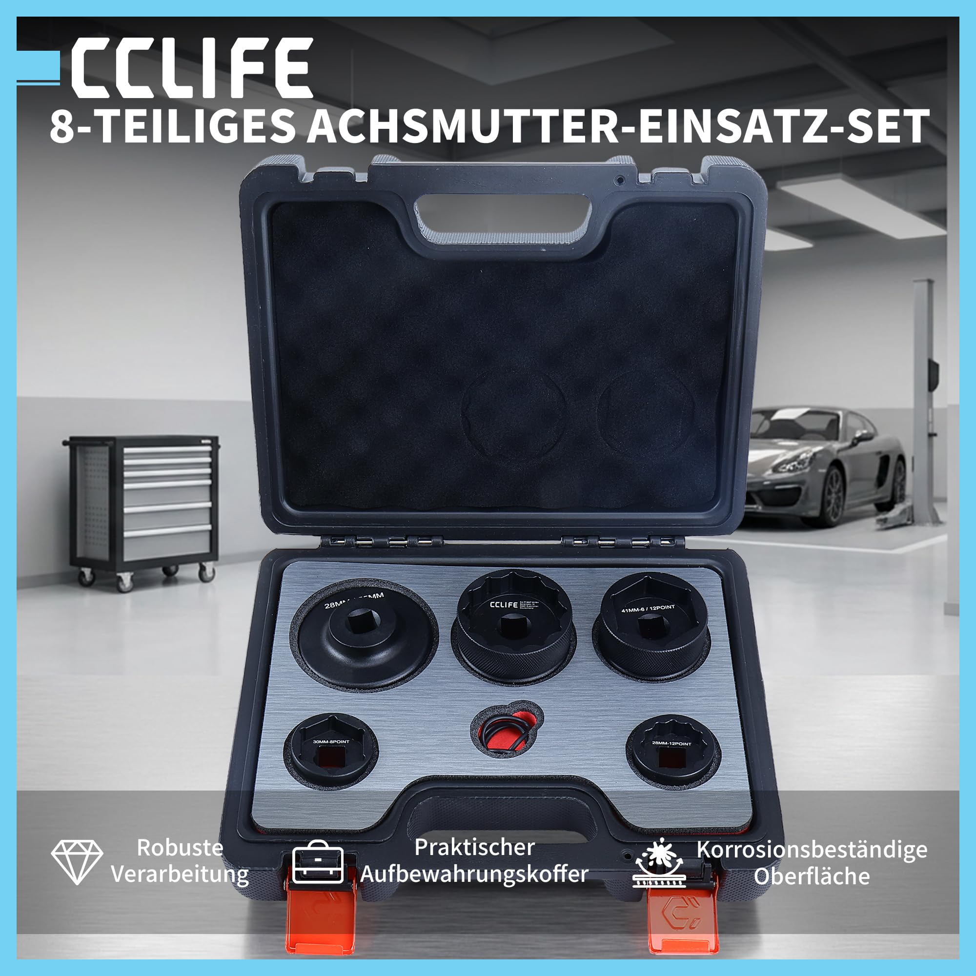 CCLIFE 8tlg Ducati Achsmutter Nuss Set, 55-28mm Radmutter Steckschlüssel | Profi 8tlg Set für Ducati Radwechsel. Inkl. 2-in-1 Kombi-Nuss & 12-/6-kant (55-28mm). Sicherer Ausbau für Vorder- & Hinterrad