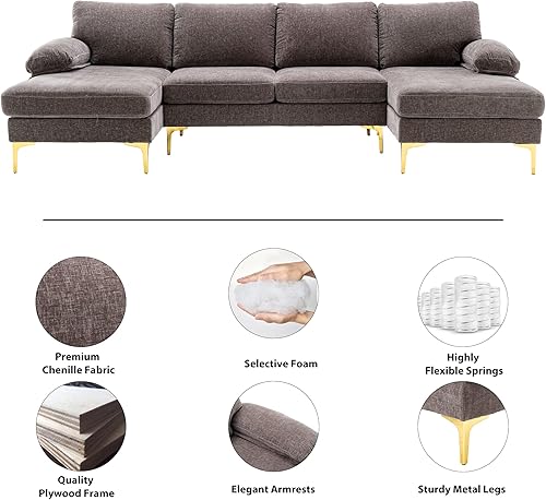 Miniatura 3 de Olela Sofá modular en forma de U, moderno sofá modular de tela de chenilla grande, sofá extra ancho con diván y patas doradas para sala de estar