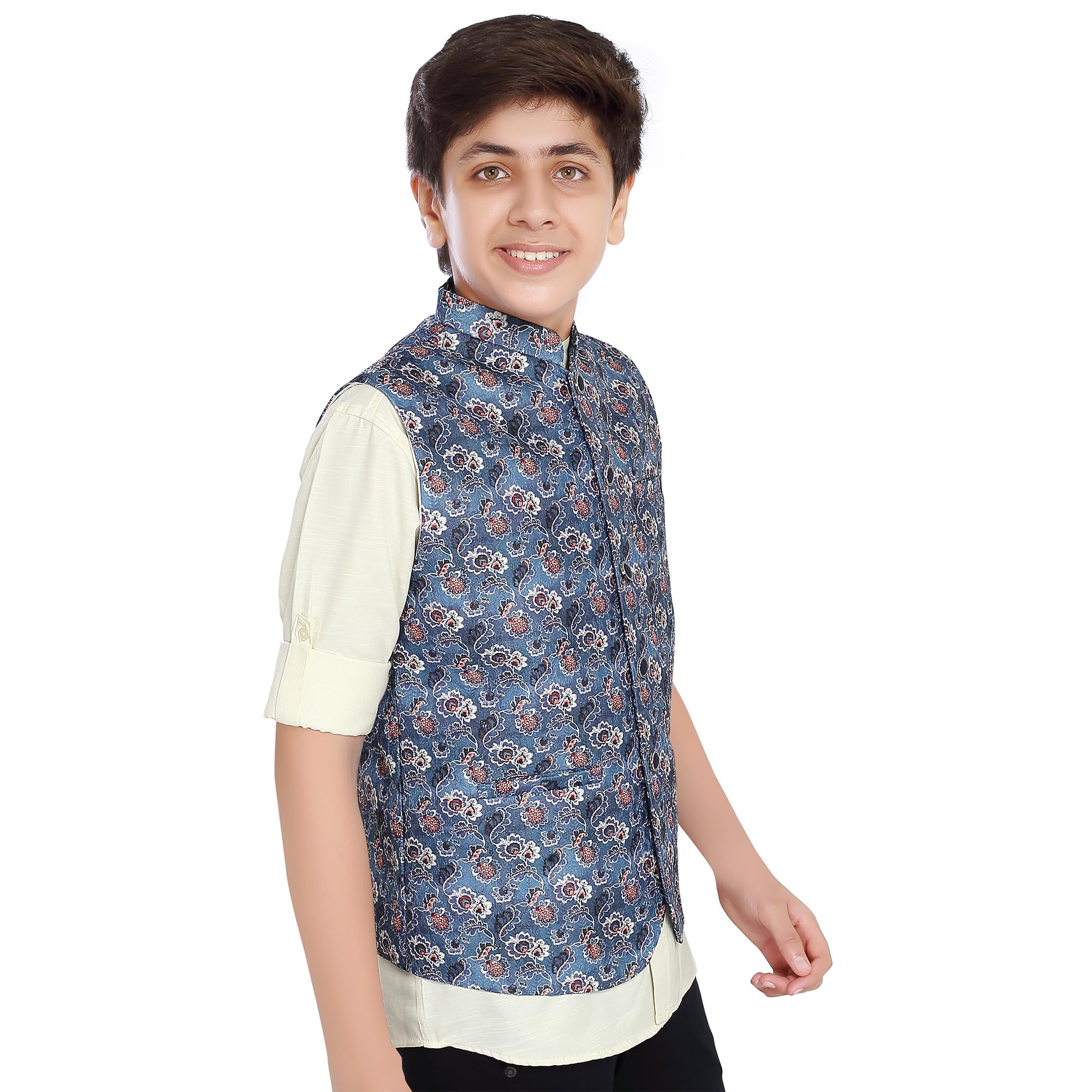 CHARCHIT Boys Blue Printed Nehru Jacket and Shirt 2