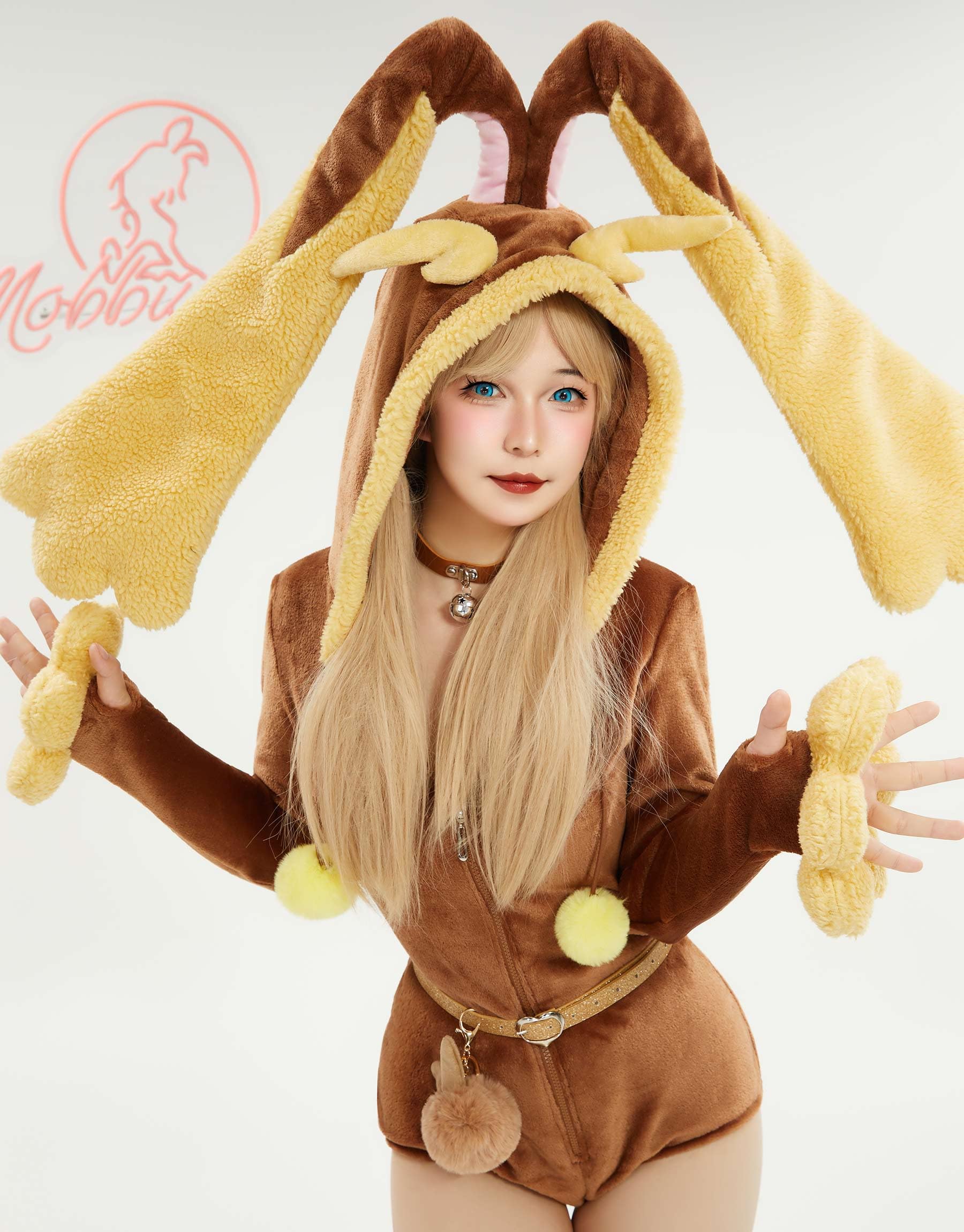 Mobbunny Women's Anime Romper Brown Onesie Pajamas Fuzzy Romper Fluffy Hooded Homewear Plush Bodysuit Jumpsuit Halloween: Brown Small