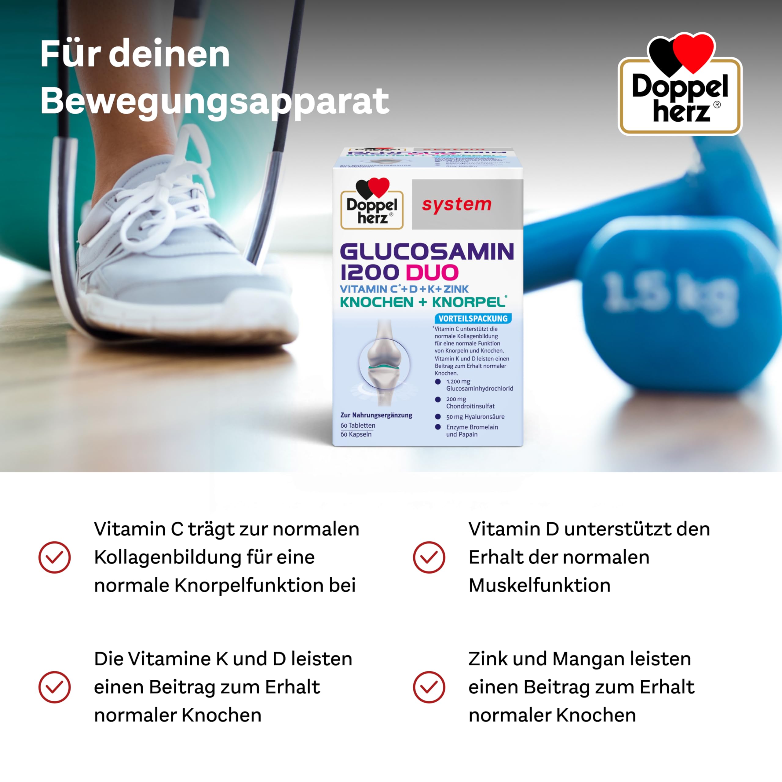 Doppelherz system GLUCOSAMIN 1200 DUO – Mit Vitamin C als Beitrag zur normalen Kollagenbildung für eine normale Knorpelfunktion – 60 Kapseln und 60 Tabletten