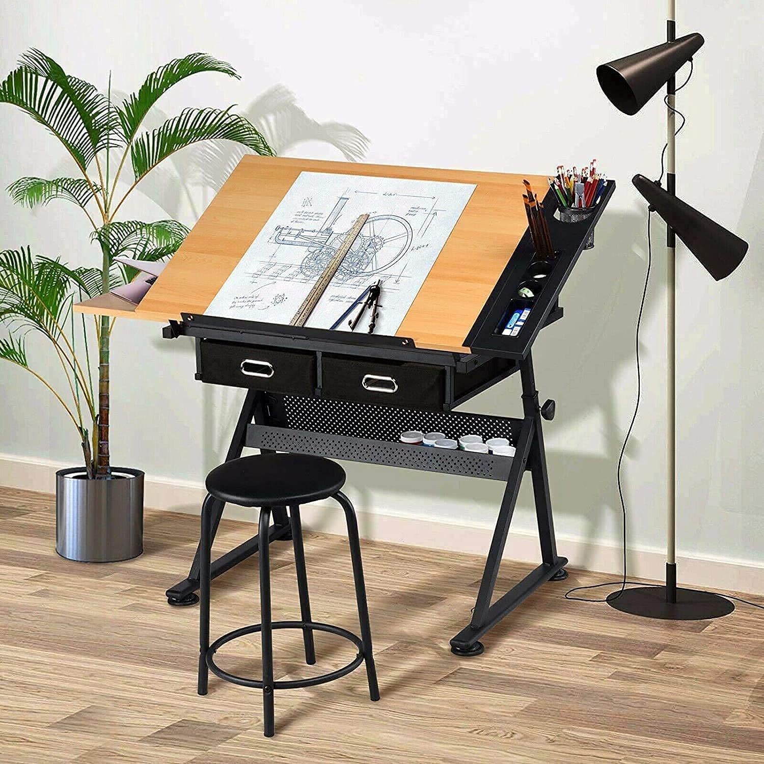 Dripex Mesa de Dibujo Profesional Inclinable Altura Ajustable, Artista de Pintura Arquitecto Estudio Dibujo Escritorio para Computadora con Taburete y 2 Cajones, Adecuado para Oficina Casa
