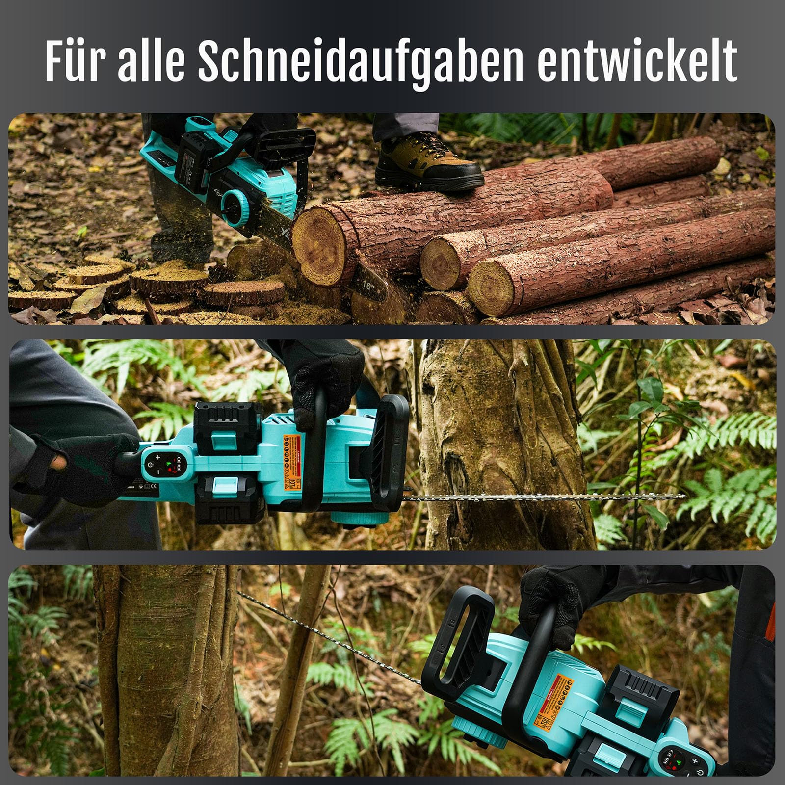 YARDCARE Akku-Kettensäge 16 Zoll, 1600 W Brushless-Motor, Kettengeschwindigkeit 21 m/s, mit LED-Display und 2× 4-Ah-Akkus, werkzeuglose Kettenspannung und automatische Schmierung