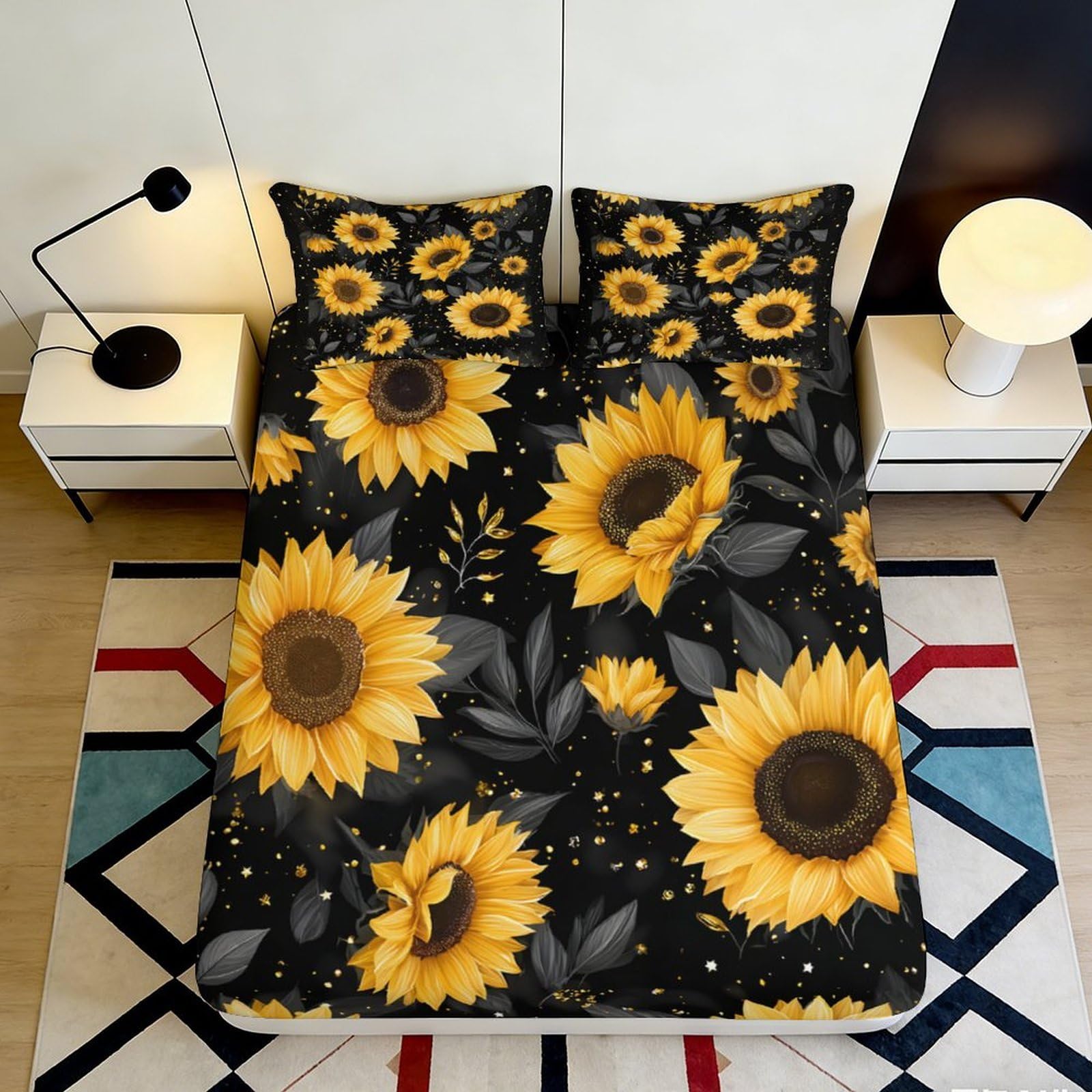 3D Printed Sunflower Fitted Sheet Microfiber Deep Pocket Bedroom Bedding Non-Slip Sunflower Mattress Fitted Cover 200x200x25cm 90x200x25cm