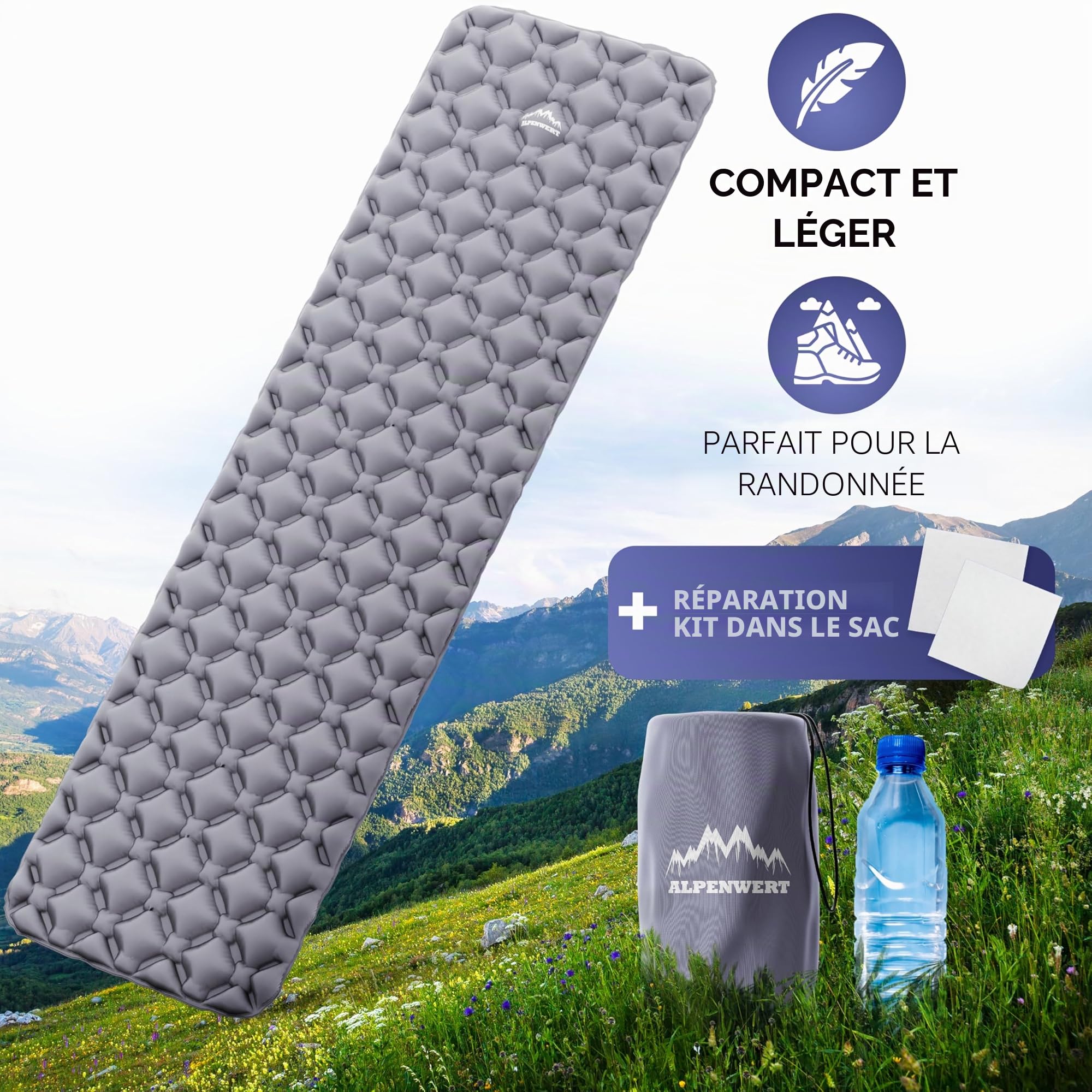 Alpenwert® Matelas isolant d'extérieur [petite taille une fois plié et ultra léger] Matelas gonflable parfait pour le camping, la randonnée, les randonnées, les randonnées, etc. - Matelas de couchage