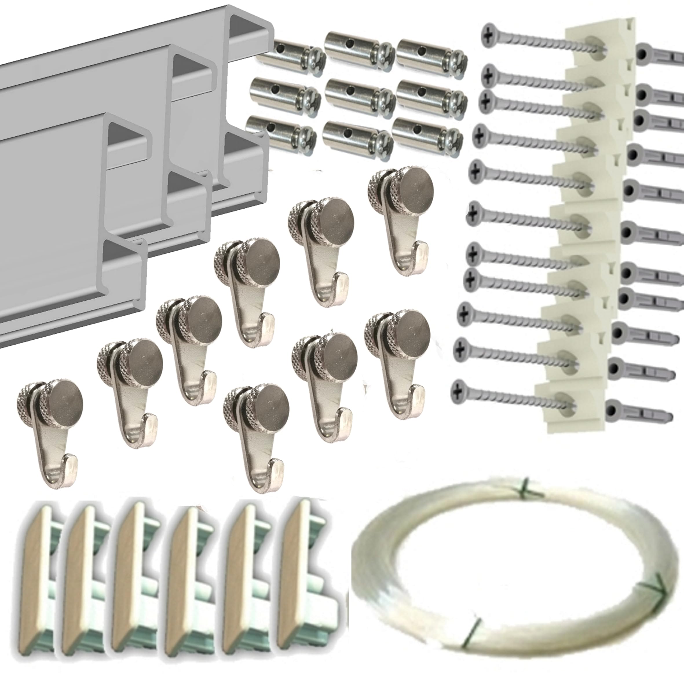 Colgar Cuadros Pack Guías Basic RM 9 m | Aluminio Plata Mate | 9 Colgadores Nylon + Ganchos RM | Montaje Fácil | Alta Resistencia | Sistema Modular Ampliable y Decorativo