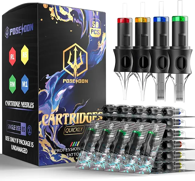 POSEIDON Professional Tattoo Cartridge Needles 50-Pack - Assorted Sizes