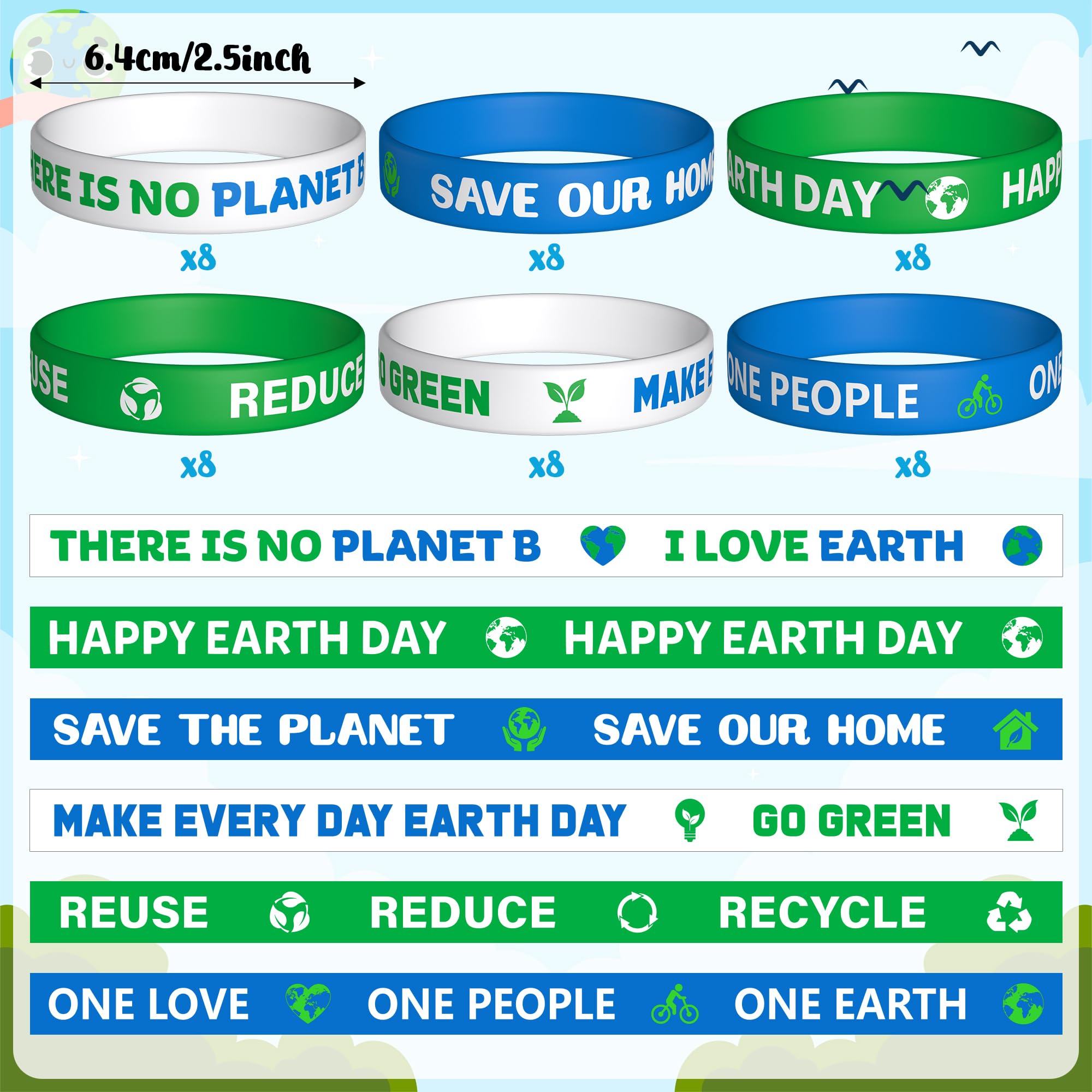 WATINC Braccialetti in silicone con scritta Happy Earth Day, verde e blu, braccialetti elasticizzati per riutilizzare e ridurre il riciclo, motivazionali, motivazionali, bomboniere, eventi, regalo per