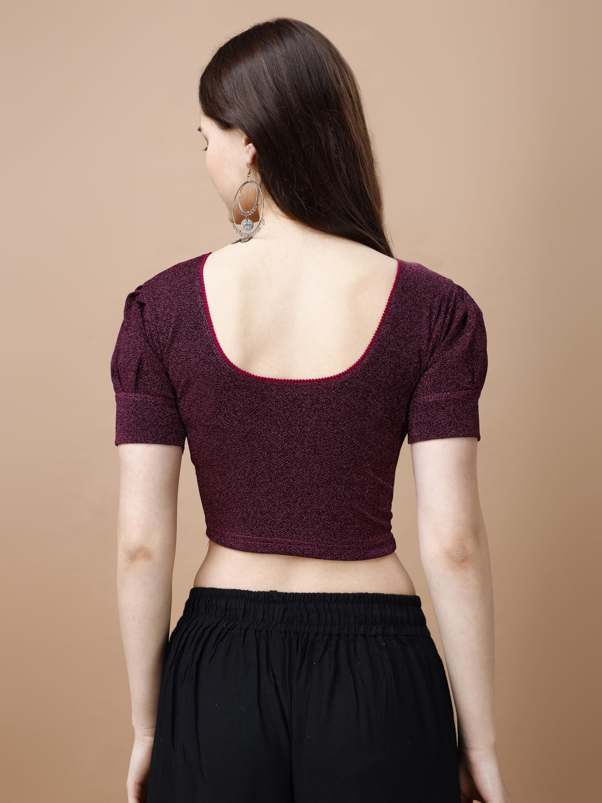 Pujia Mills Women's Readymade Shining Lycra Stretchable Round Neck Half Puff Sleeve Blouses Lycra Stretchable Wine Color Blouse For Women Readymade Saree Blouse