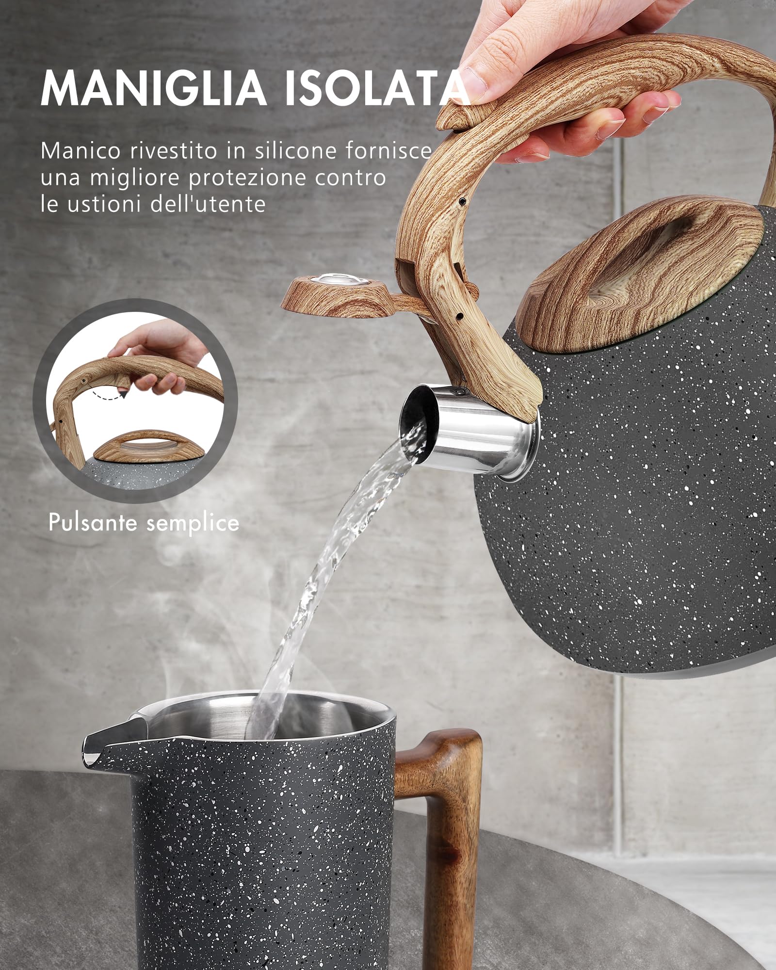 Poliviar JX2018-GR20-DE - Hervidor de agua inducción con silbato acero inoxidable, para todas las placas cocina, mango madera, hervidor té o café, aprox. 3 L, estilo piedra