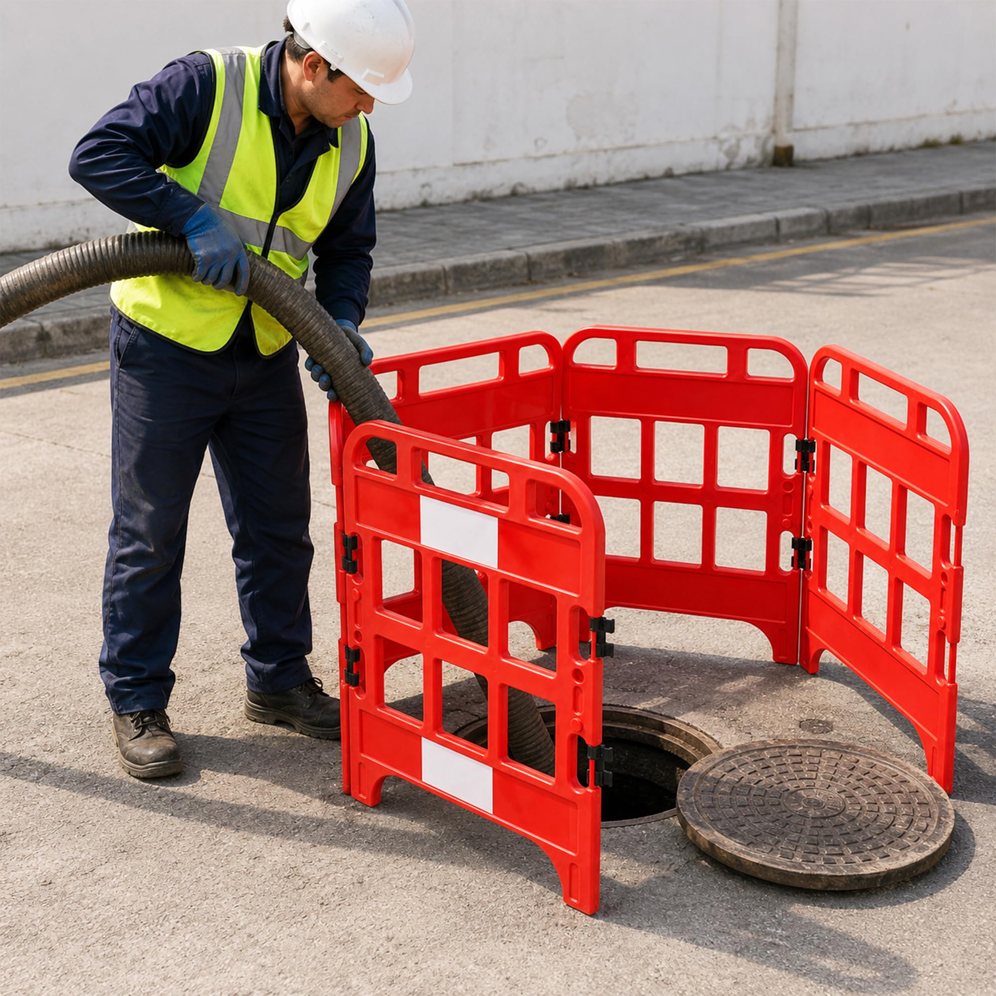 Barrera plegable – Rojo | Puerta temporal plegable de 4 piezas | Barrera de seguridad reflectante para la seguridad de peatones y trabajadores