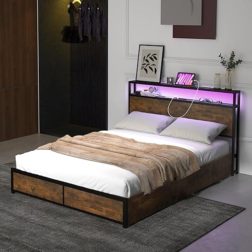 Miniatura 63 de Giantex Base de cama tamaño Queen con 4 cajones, base de cama de plataforma metálica industrial con estribo, agujeros reservados para cabecera, base