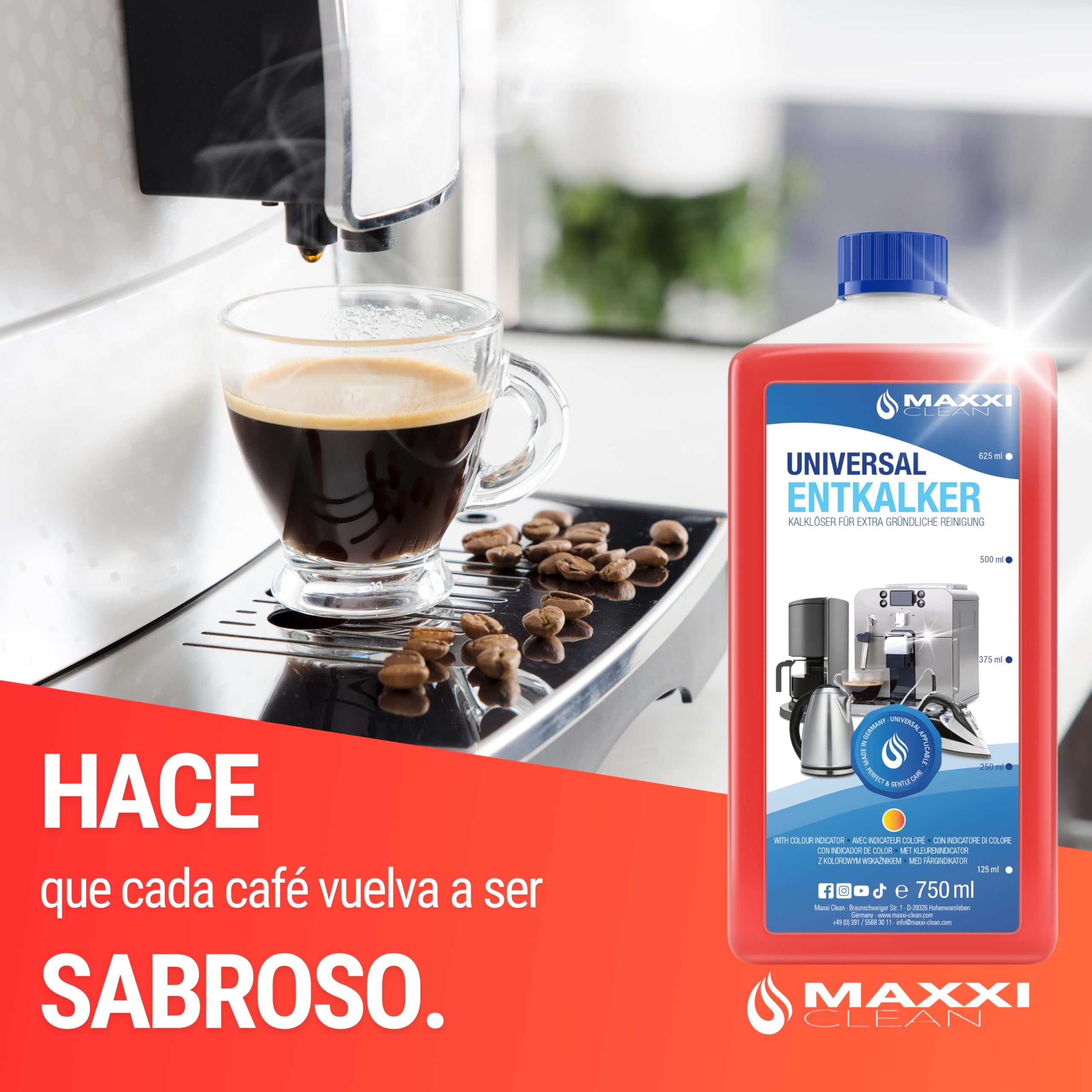 Maxxi Clean | 1x 750 ml Descalcificador Universal para todas las Cafeteras, Hervidores de Agua, otros Electrodomésticos y Baño & Cocina | Apto para todas las Marcas y Modelos | Removedor de Cal