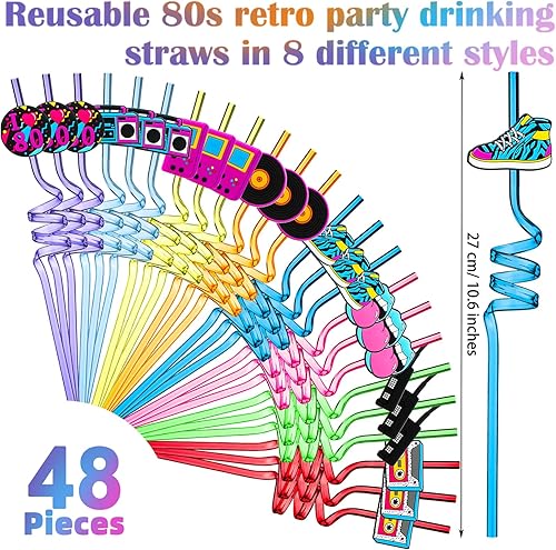 Miniatura 2 de Decoración de fiesta de los años 80, pajilla, temática de hip hop, pajitas tontas para beber con texto en inglés "I Love 80s Radio Boombox,