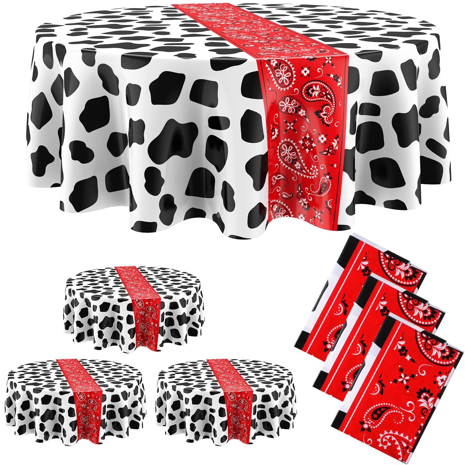 Oudain 6 manteles redondos de plástico lavable, resistente a las manchas, para picnic, camping, fiesta, Navidad, cocina, comedor, 6 piezas (rojo, blanco y negro)