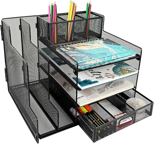 Organizador de escritorio de malla metálica, 1 cajón deslizante, 4 bandejas horizontales y 2 secciones verticales, con 3 espacios para lápices y