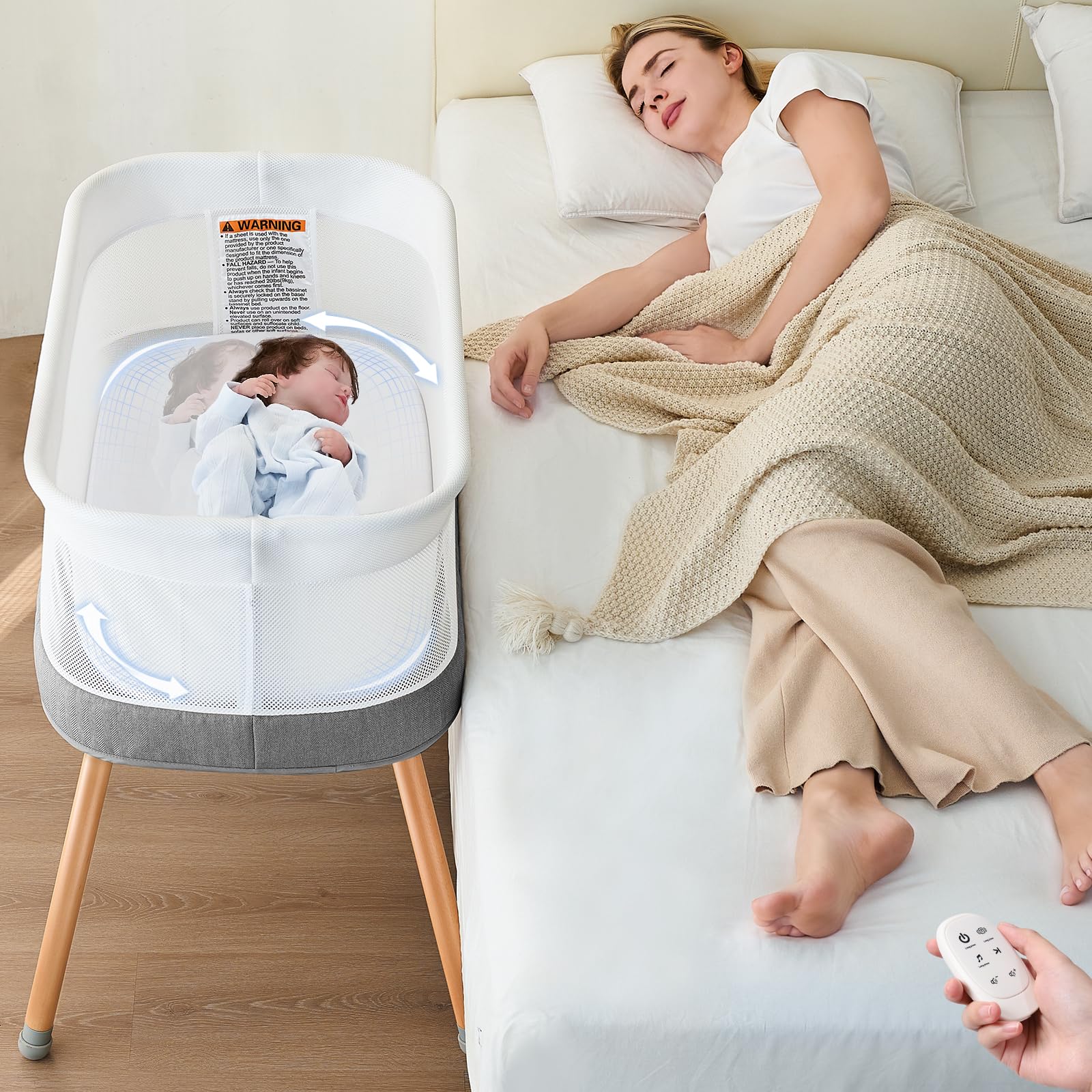 Automatic Rocking Bassinet, Electric Baby Bassinet with 3 Speeds, Self-Rocking Sleeper Soothing White Noise, Electric Bedside Crib for Infants 0-6 Months, Grey