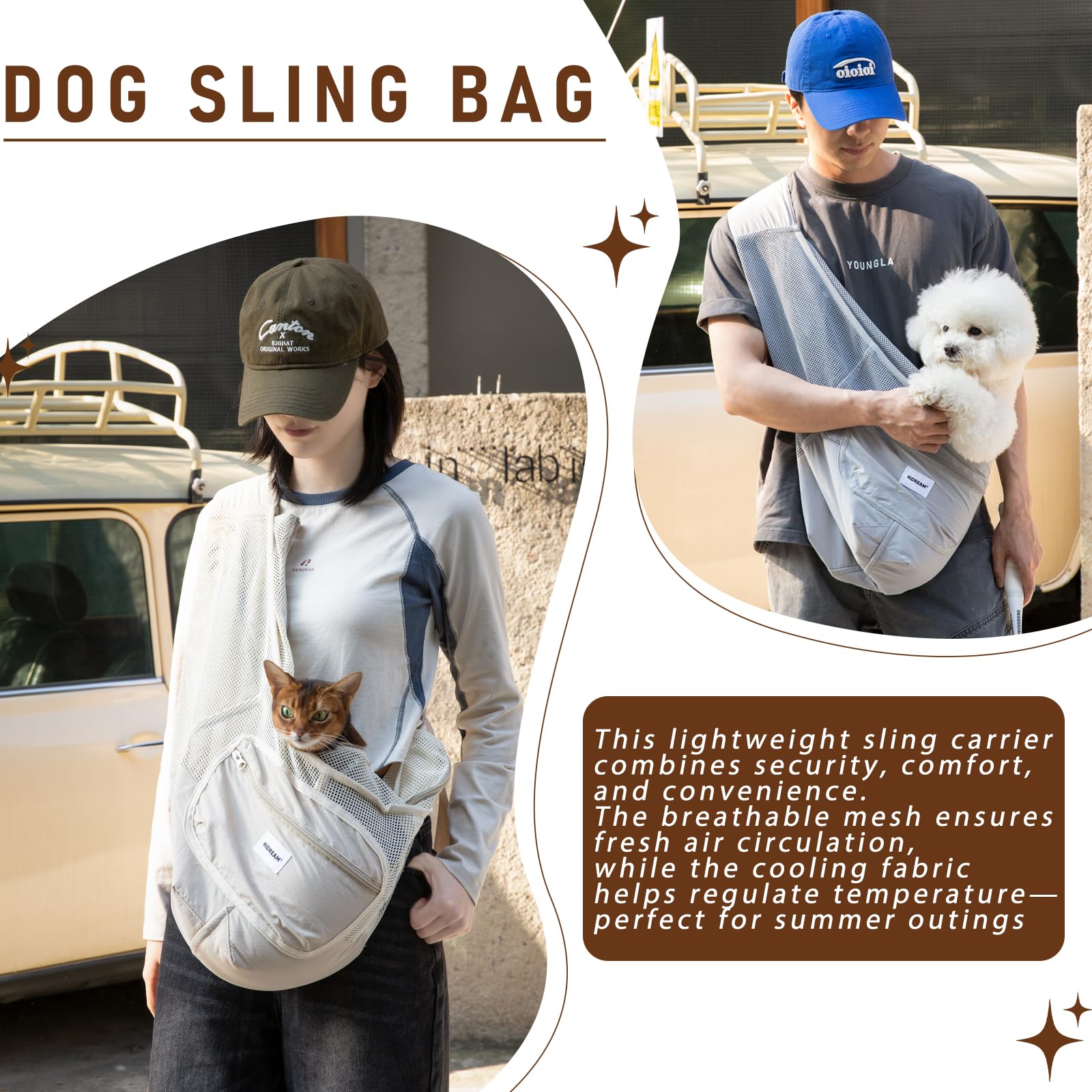 Bolsa bandolera para perro, transportador de mascotas de malla transpirable ligera para gatos y perros pequeños (hasta 7 kg), correa ajustable con bolsillo con cremallera (marrón)