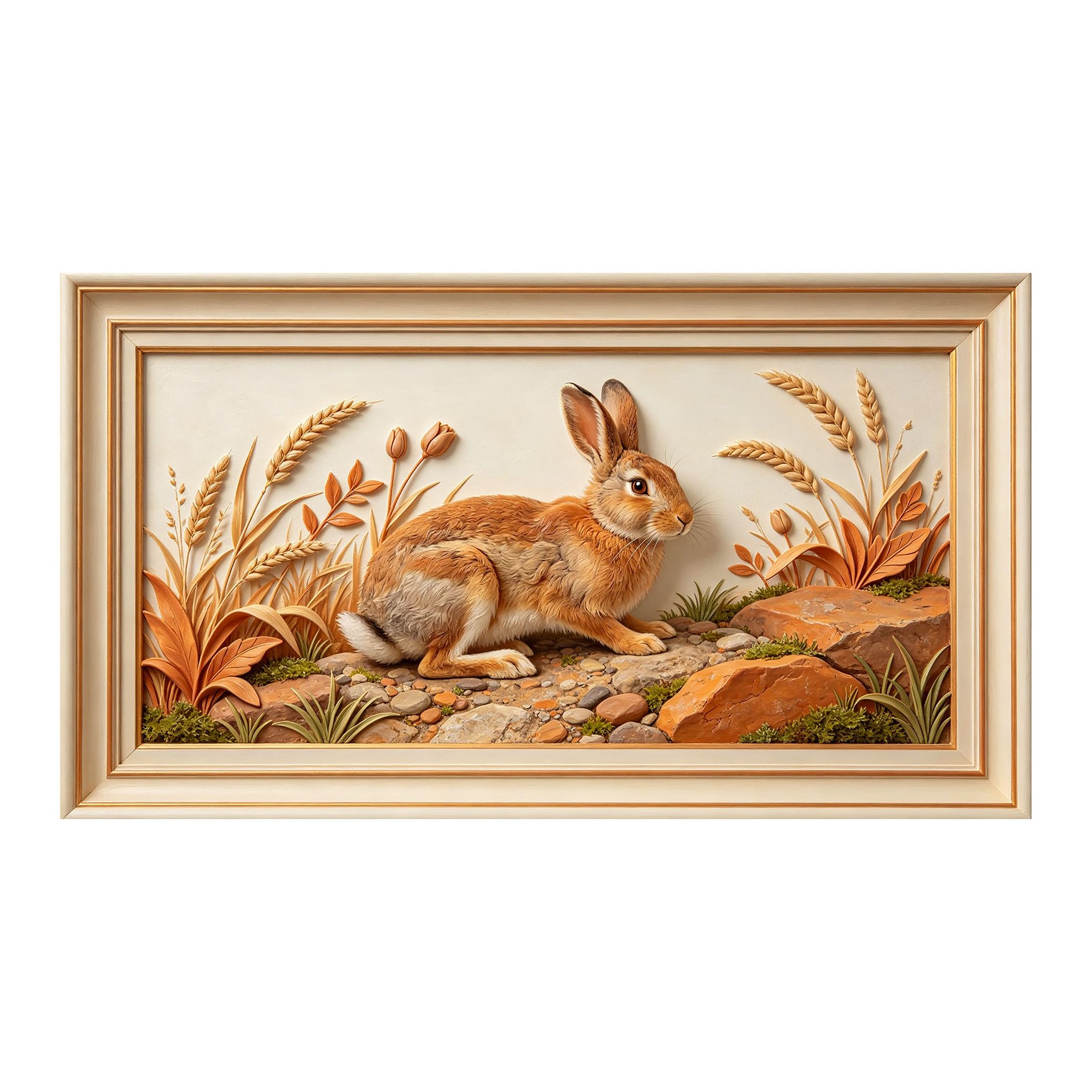 Murasolite 3D 3D Framed Wall Art 50cm×90cm Rustic Rabbit Meadow Relief Effect SelfAdhesive Fabric Mural Wall Decor, Peel and Stick No Damage to Wall for Bedroom Living Room