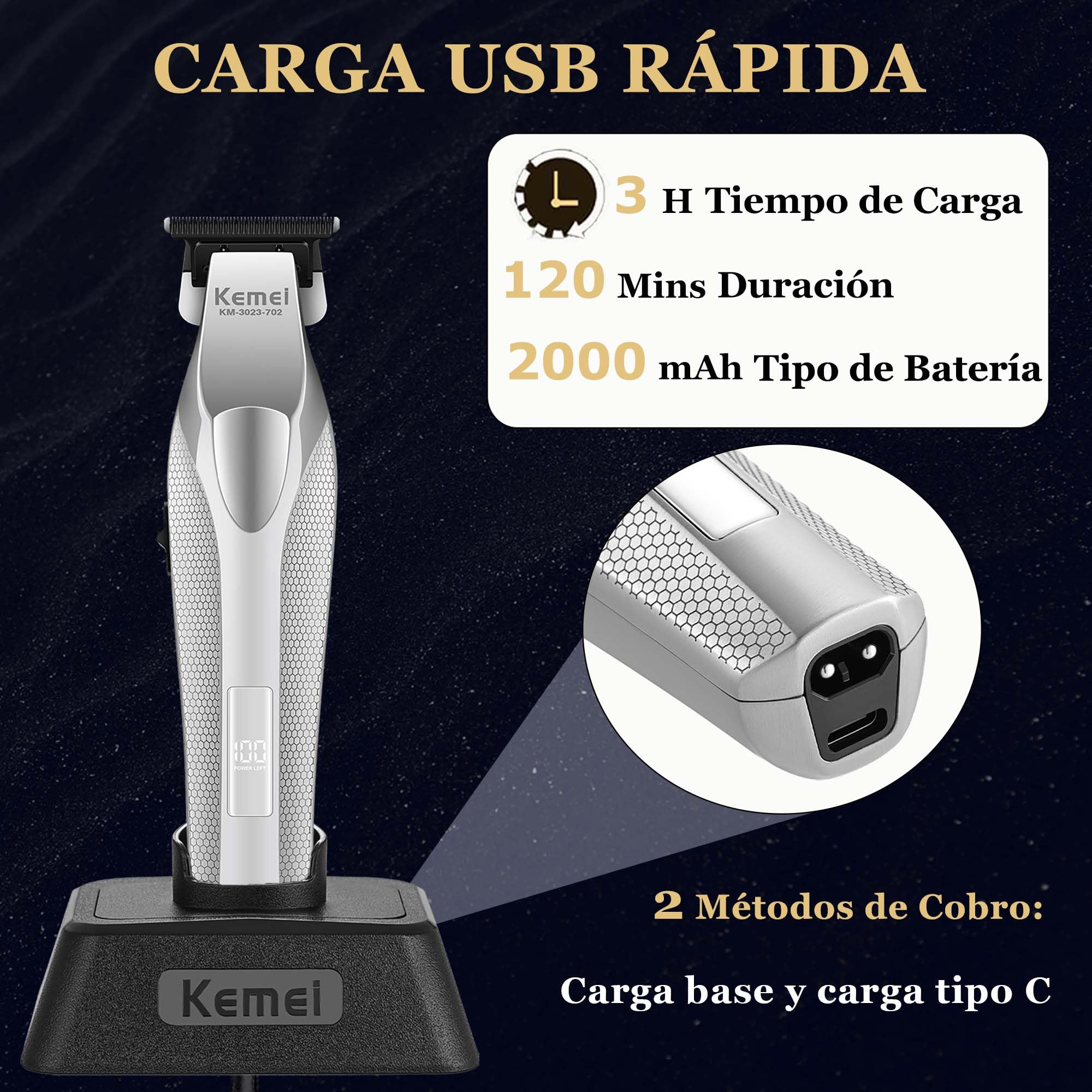 KEMEI 3023-702 Maquina de Cortar Pelo Hombre, 9000 RPM Cortapelos Hombre | Zero Gapped para Barberos,Con Cuerpo de Metal Completo, Cortapelos Profesional con Pantalla LED, Cuchillas de Cerámica y DLC